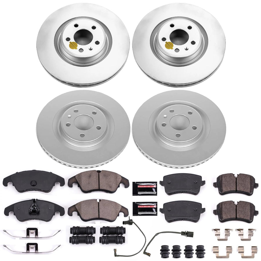 Power Stop CRK6141 Brake Rotor Coated and Ceramic Brake Pads- Front & Rear and 1 Front & 1 Rear Sensor Wires For Audi A6, Audi A6 Quattro, Audi A7 Quattro [Model Specific]