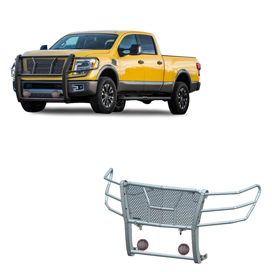 Heavy Duty Black Horse Rugged Grille Brush Bumper Guard Modular Black Come with Pair of 5.3" Dia.LED Lights with Red Trim Rings Compatible with 2017-2024 Nissan Titan XD-RU-NIXD16-B-PLFR