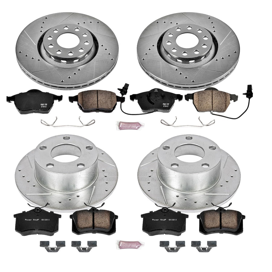 Power Stop K637 Z23 Carbon Fiber Brake Pads Front and Rear with Drilled & Slotted Brake Rotors Kit For Audi A6 1998-2004 [Model Specific]