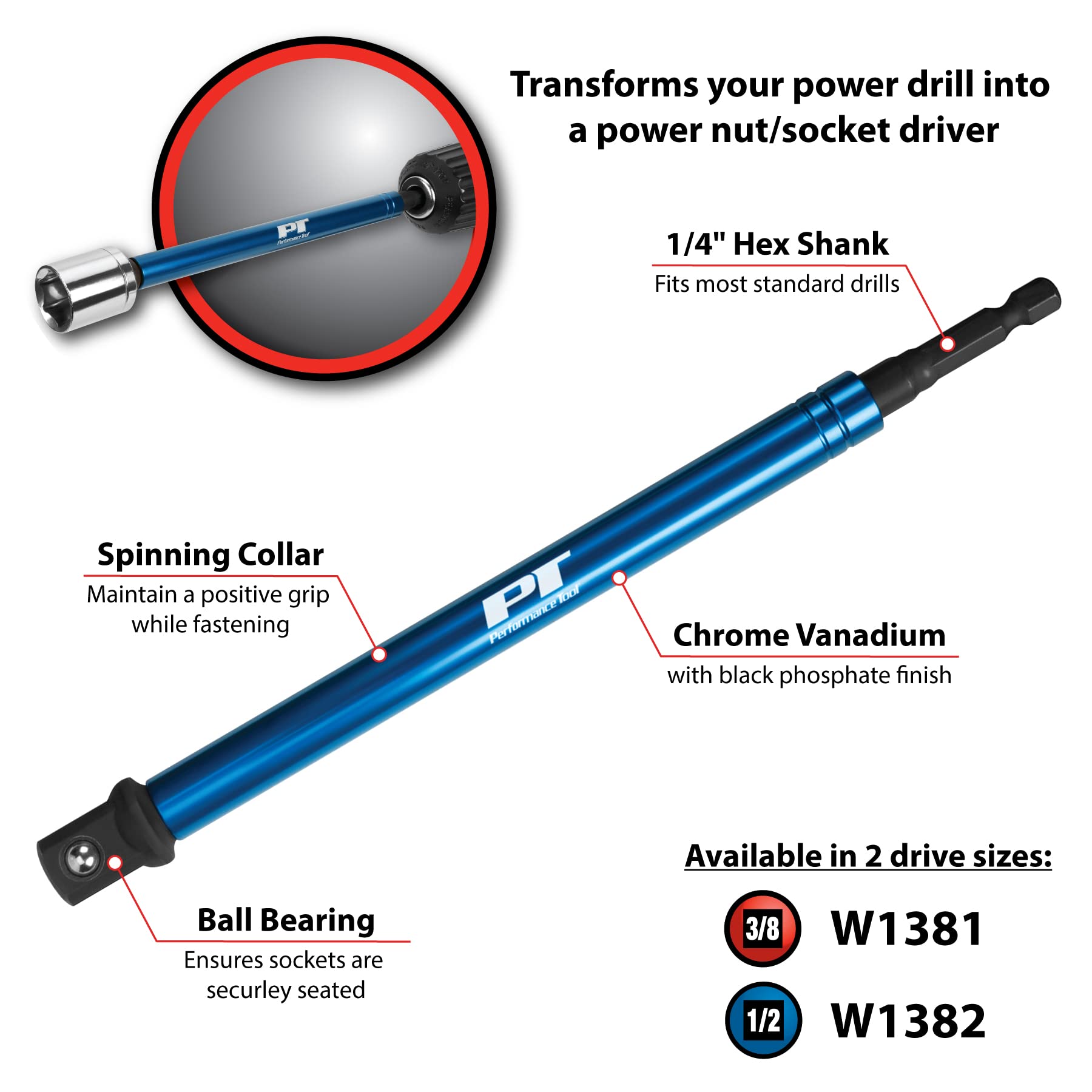 W1382 Performance Tool: Chrome Vanadium 1/2-in. Drive 8-in. Socket Adapter, Black Finish