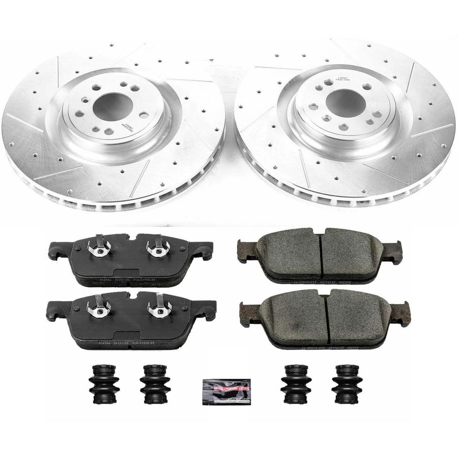 Power Stop K6901 Z23 Carbon Fiber Brake Pads Front with Drilled & Slotted Brake Rotors Kit and 1 Front Sensor Wire For GL450, GL550, GLE43 AMG, GLE550e, GLS, ML550 [Model Specific]
