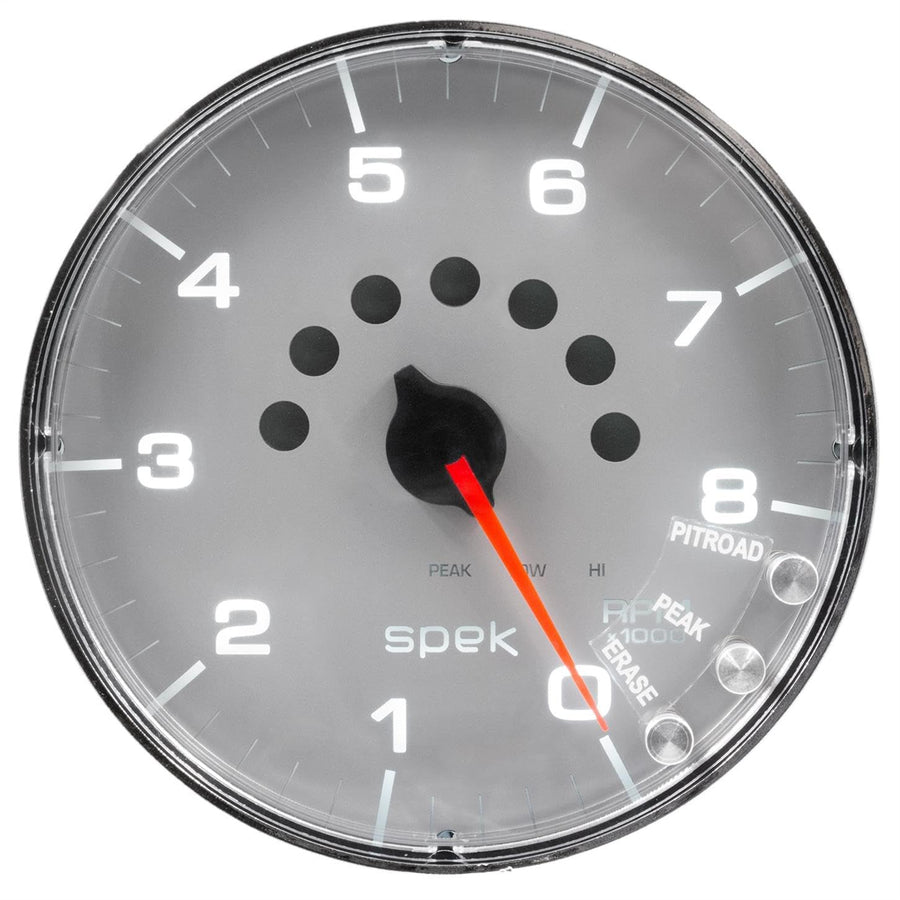 Gauge AutoMeter P238218 Tachometer (Spek-Pro 5", 8K RPM, with Shift Light & Peak Mem, Silver/Chrome, Spek-Pro)