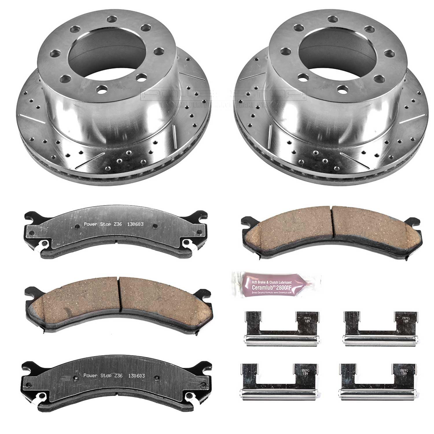 Rear Brake Kit Power Stop For 2001 2002 2003 2004 2005 2006 Chevrolet Silverado 3500 - Truck & Tow Carbon Fiber Ceramic Brake Pads & Drilled and Slotted Rotors Replacement, K5337-36
