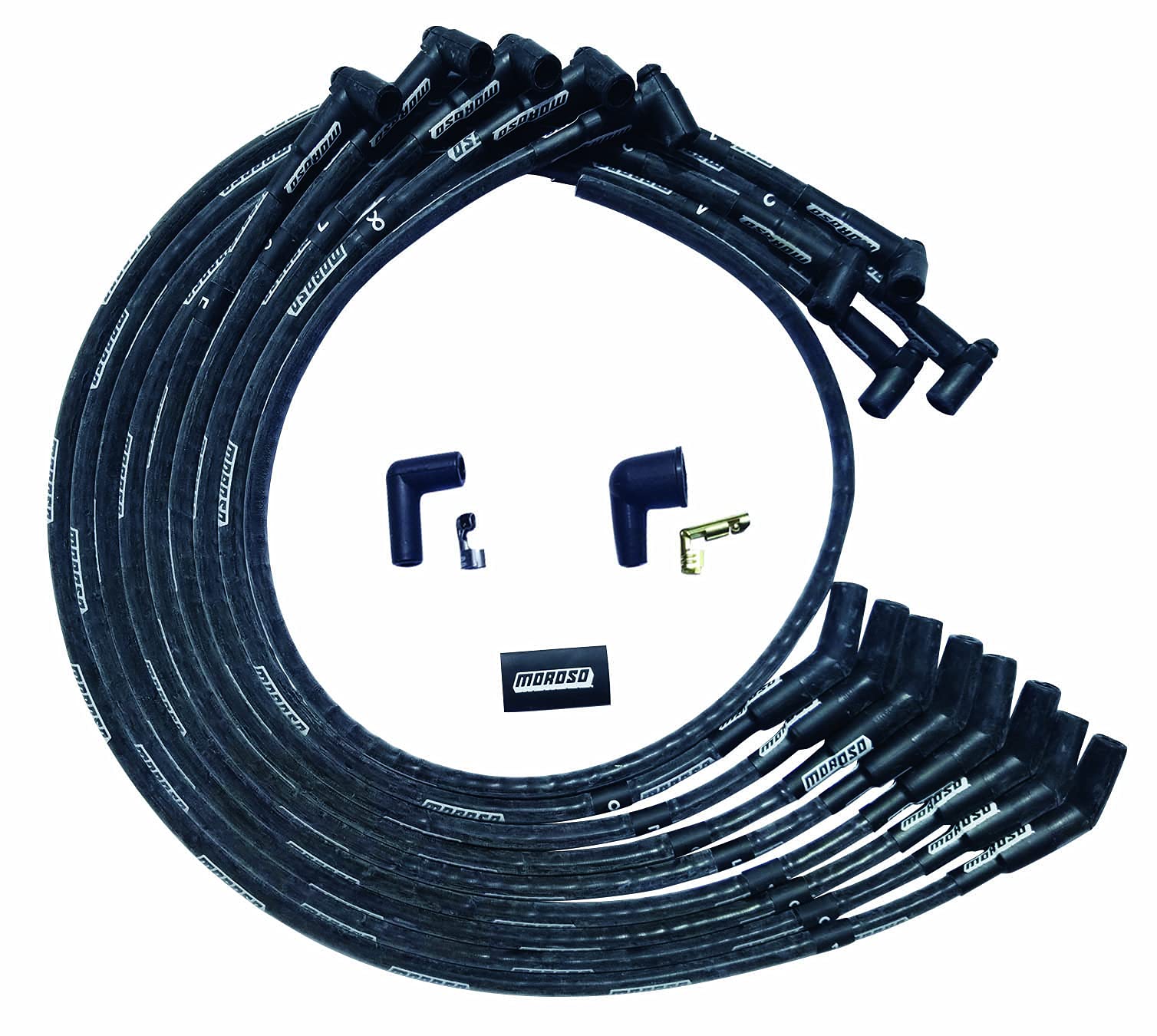 Moroso Ultra Series Black Sleeved Spark Plug Wires, Small Block Chevy, Routing Under Header, 135 Degree Plug Ends, HEI Distributor