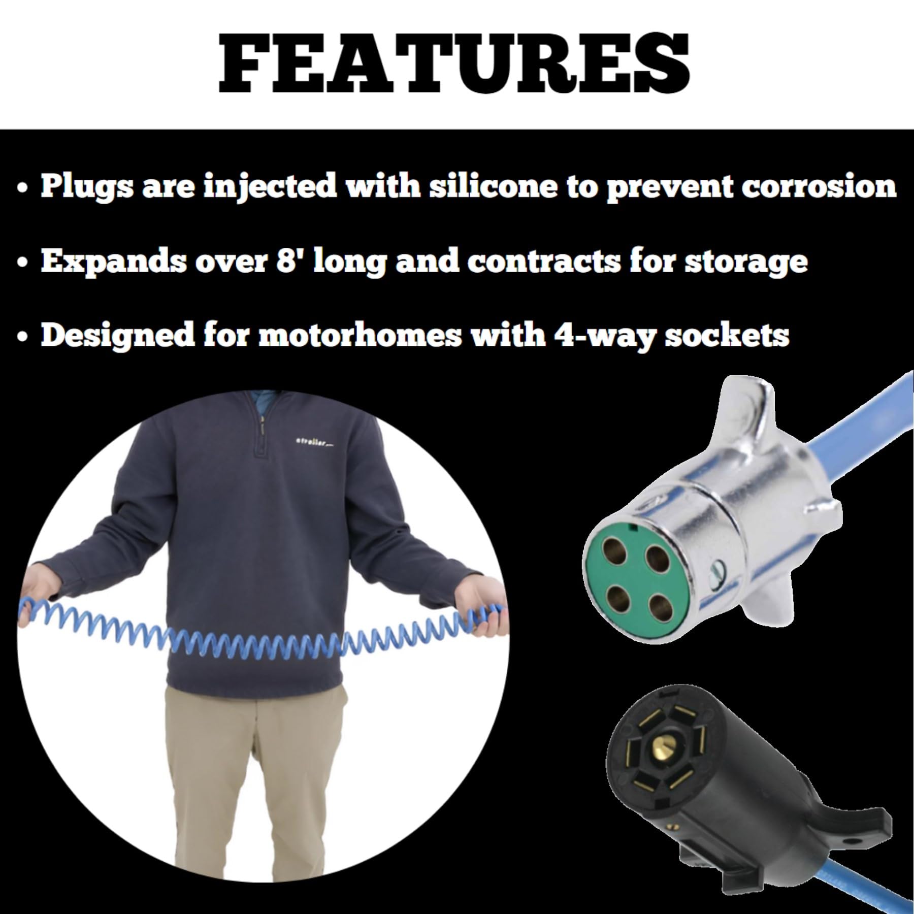 Roadmaster 164-7 Adaptive Power Cord with 7-Wire to 4-Wire, Plugs, Sockets, & Socket Bracket Included | Designed for Motorhomes with 4-Way Sockets | Water, Oil, & Chemical Resistant