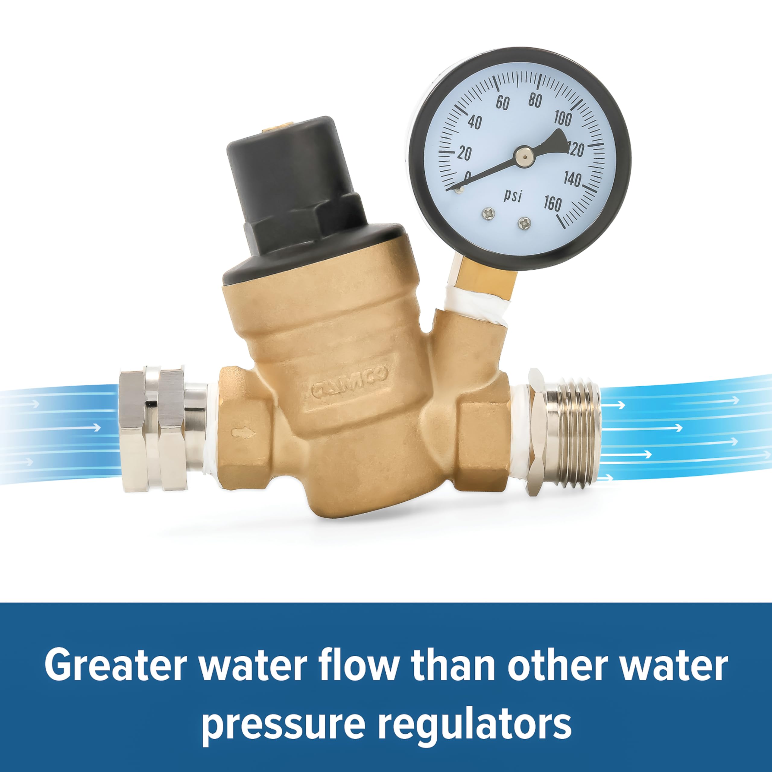 Camco Brass Adjustable RV/Marine Water Pressure Regulator | Help Stop Damage to RV/Marine Appliances, Plumbing Fixtures, and Hoses | Features Standard Garden Hose Threads for Simple Hookup | (40058)