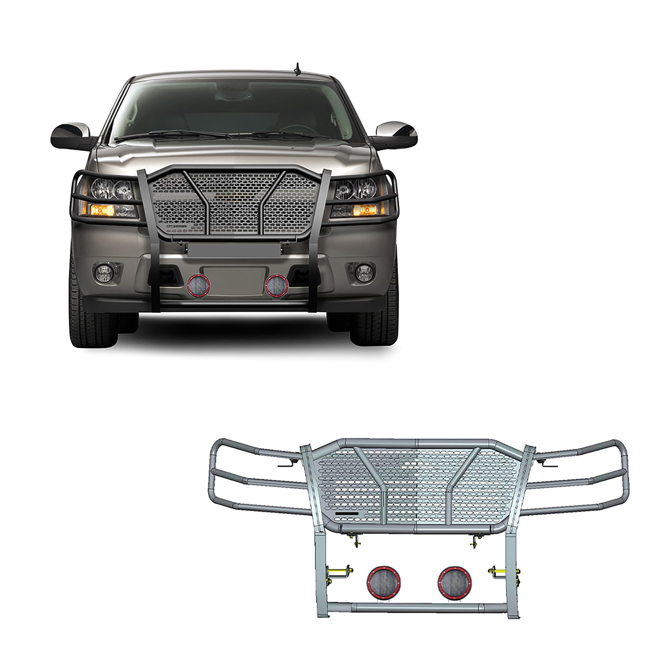 Rugged HD Black Horse Grille Brush Bumper Guard Modular Black Come with Pair of 5.3" LED Lights with Red Trim Rings Compatible with 2007-2014 Tahoe/Suburban 1500|2007-2013 Avalanche-RU-CHTA07-B-PLFR