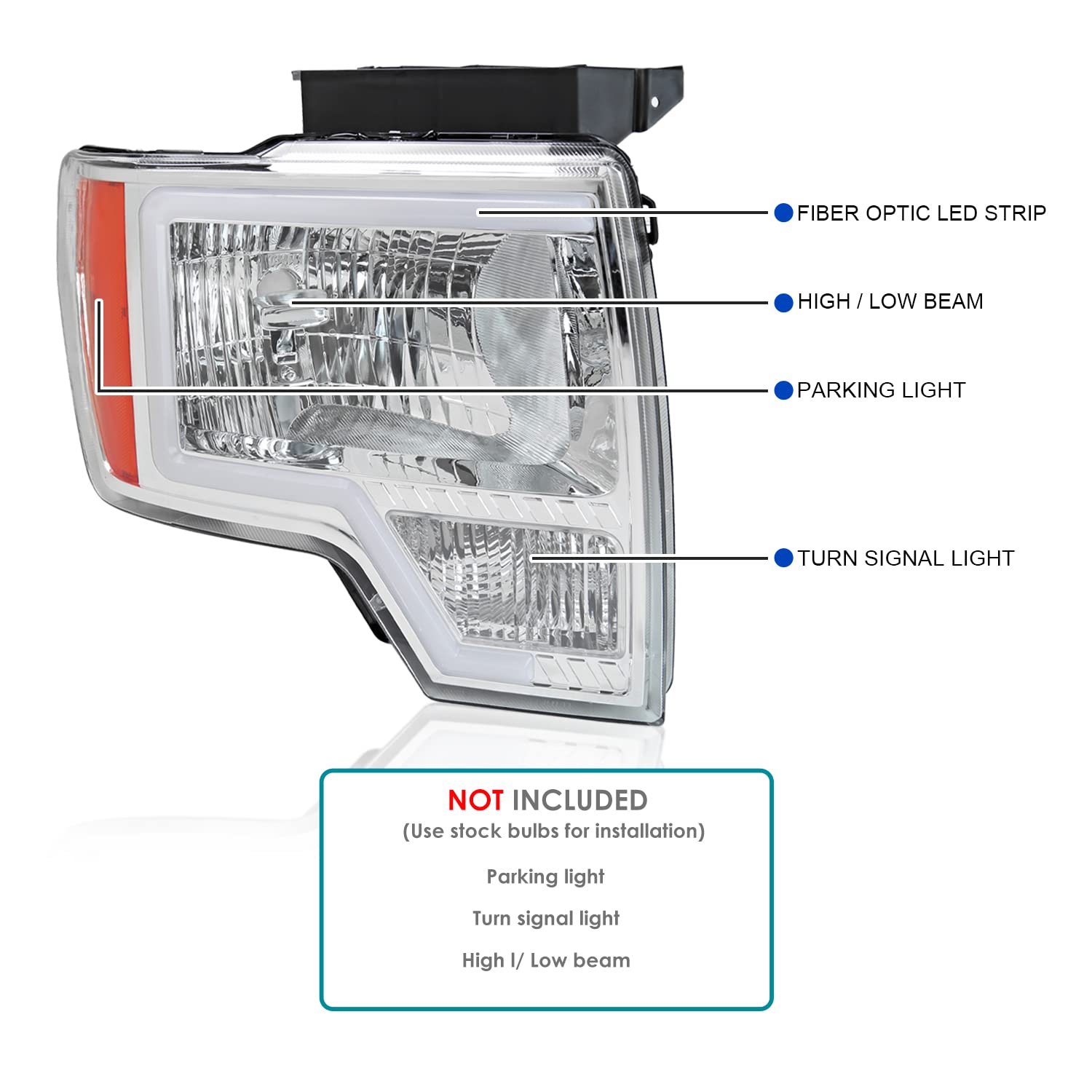 Chrome LED Tube Headlights SPEC-D TUNING Compatible with 2009-2014 Ford F150 F-150, Left + Right Pair Headlamps Assembly
