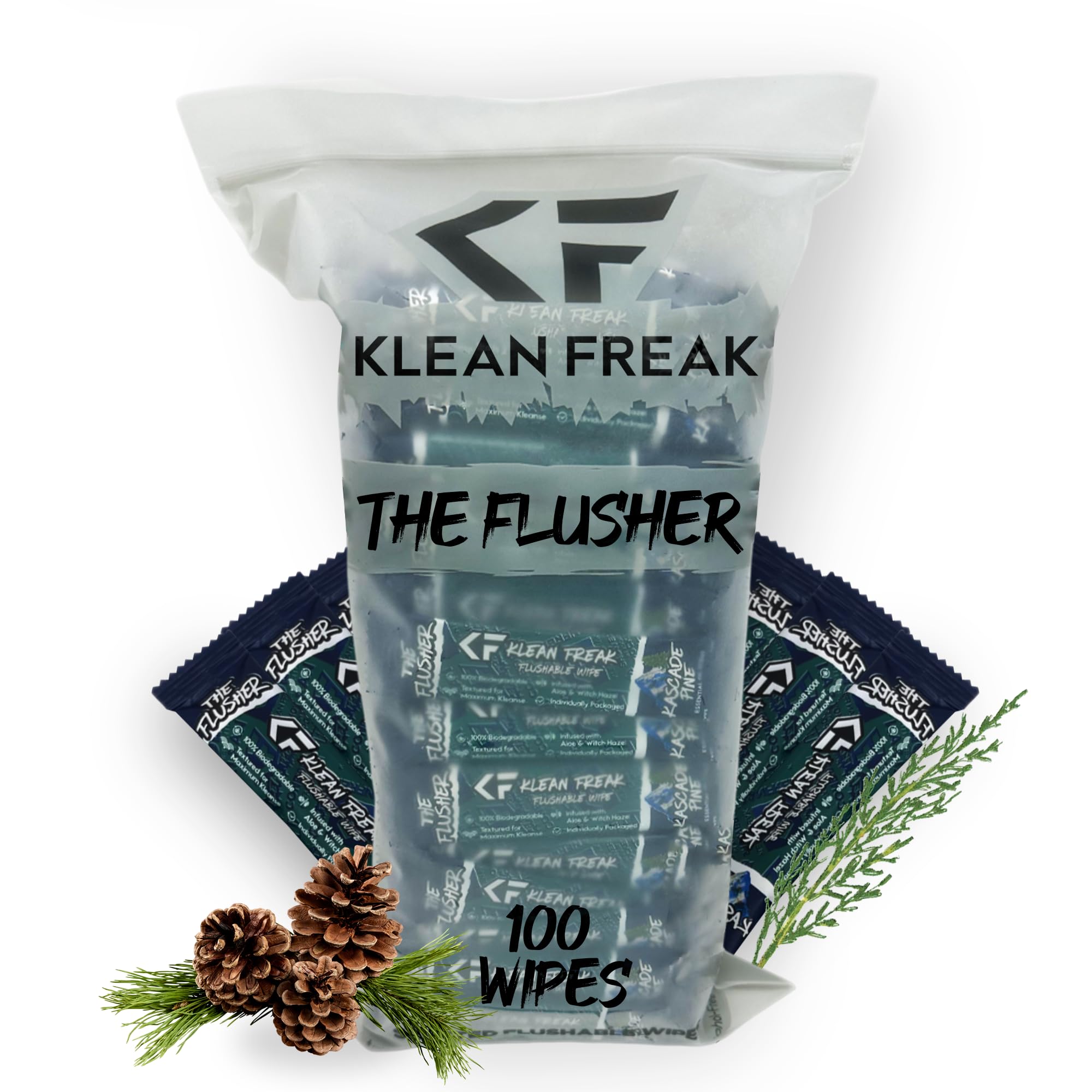 100 Pack Wipes KLEAN FREAK FLUSHER For Adults & Kids Unscented/Scented - 100% BIODEGRADABLE Individual Wrapped Travel WET Wipe for Toilet - Kascade Pine