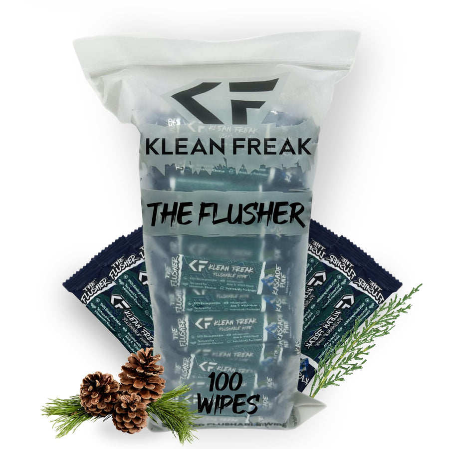 100 Pack Wipes KLEAN FREAK FLUSHER For Adults & Kids Unscented/Scented - 100% BIODEGRADABLE Individual Wrapped Travel WET Wipe for Toilet - Kascade Pine