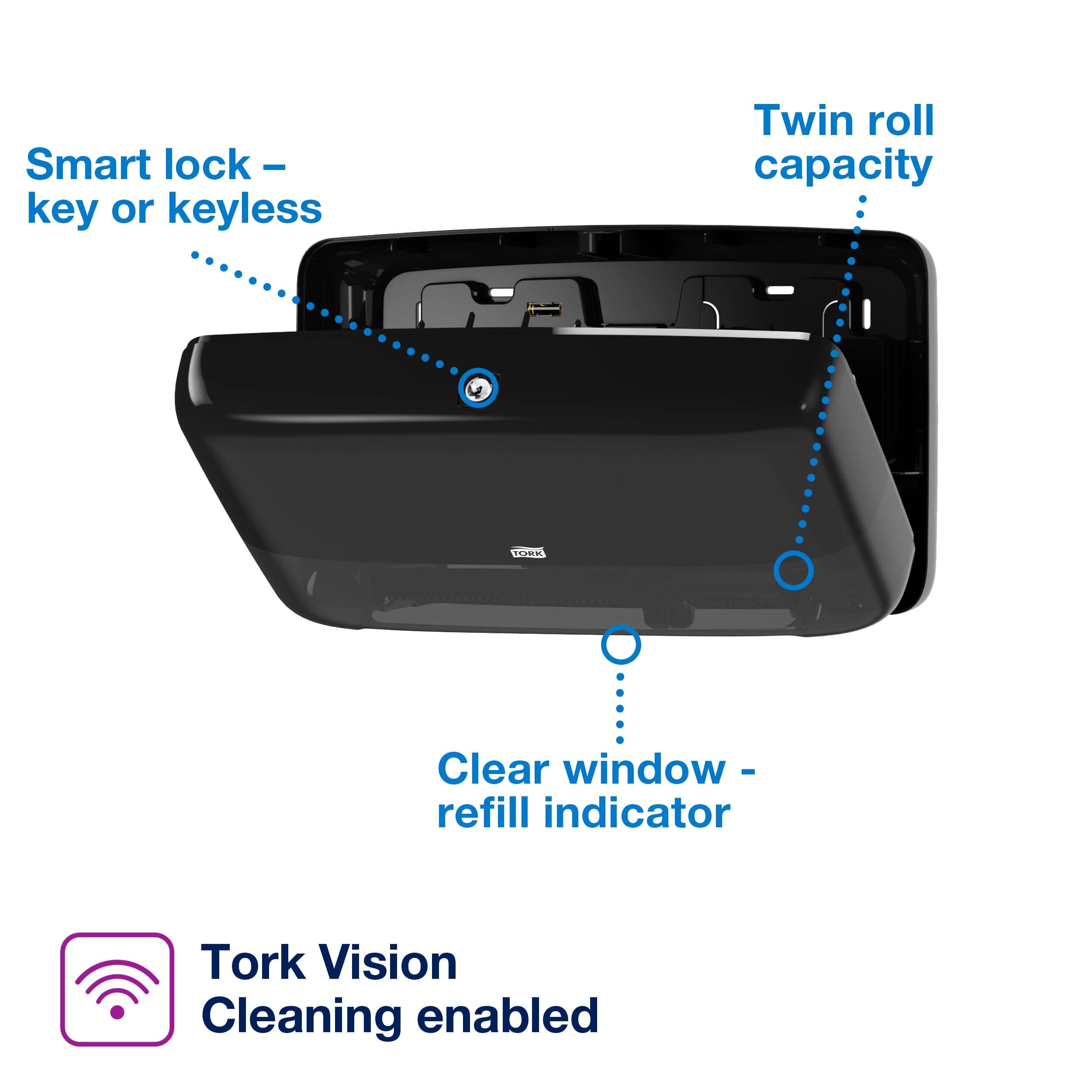 Tork Mini Jumbo Twin Toilet Paper Roll Dispenser Black T2, Protects Rolls, Elevation Range, 5555290