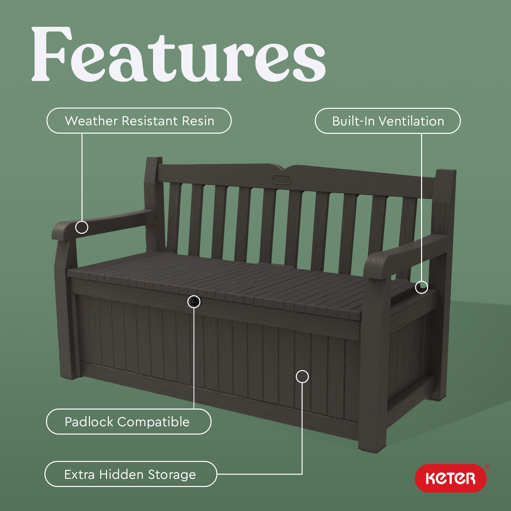 Keter 70 Gallon Solana Storage Bench Deck Box for Patio Furniture, Front Porch Decor and Outdoor Seating – Perfect to Store Garden Tools, Brown/Brown