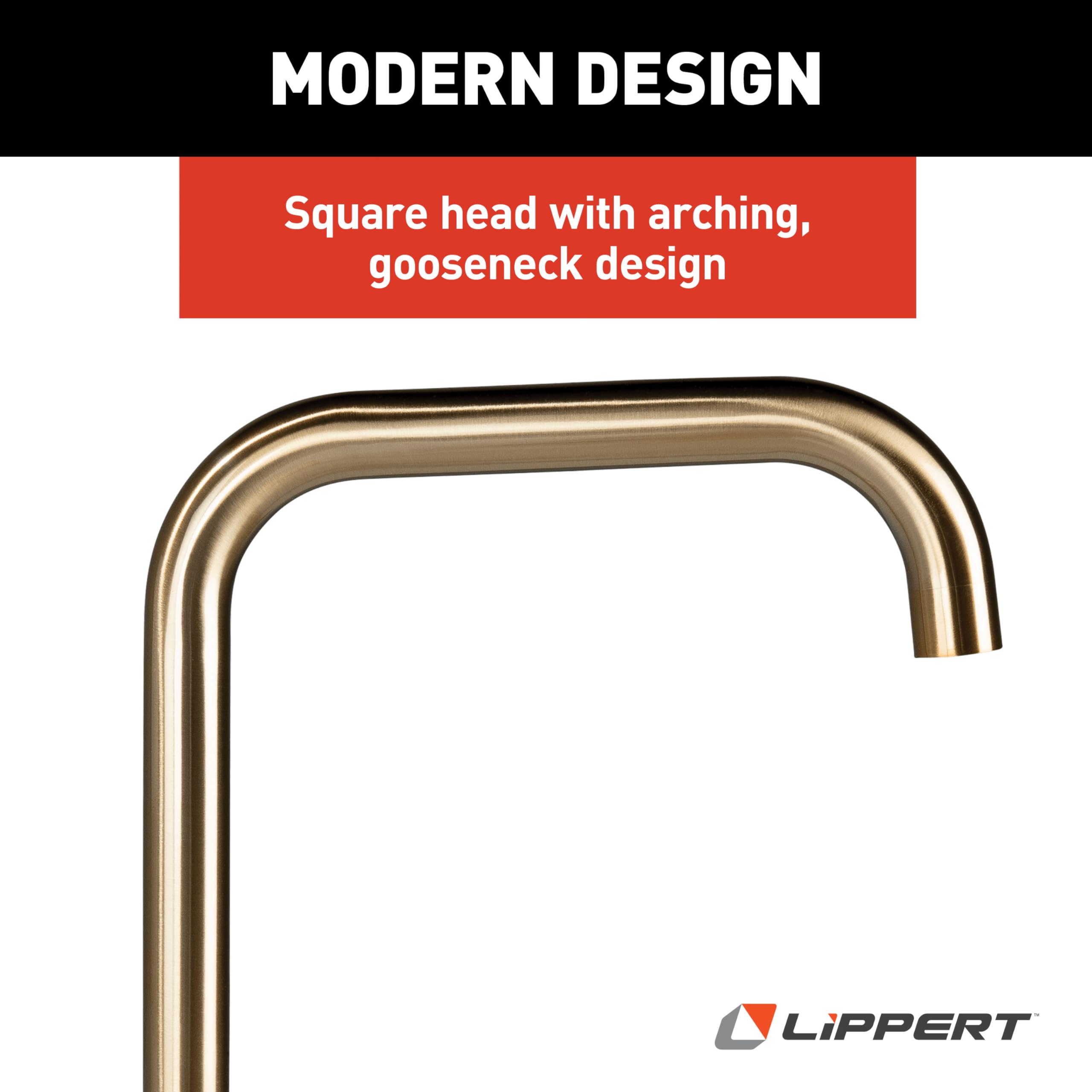 Lippert Gooseneck Flow Max Square Head Kitchen Faucet with 304-Grade Stainless Steel Construction, Single-Handle Operation, Single-Hole Installation, 360-Degree Swivel, 2.2 GPM Flow Rate - 2024000066