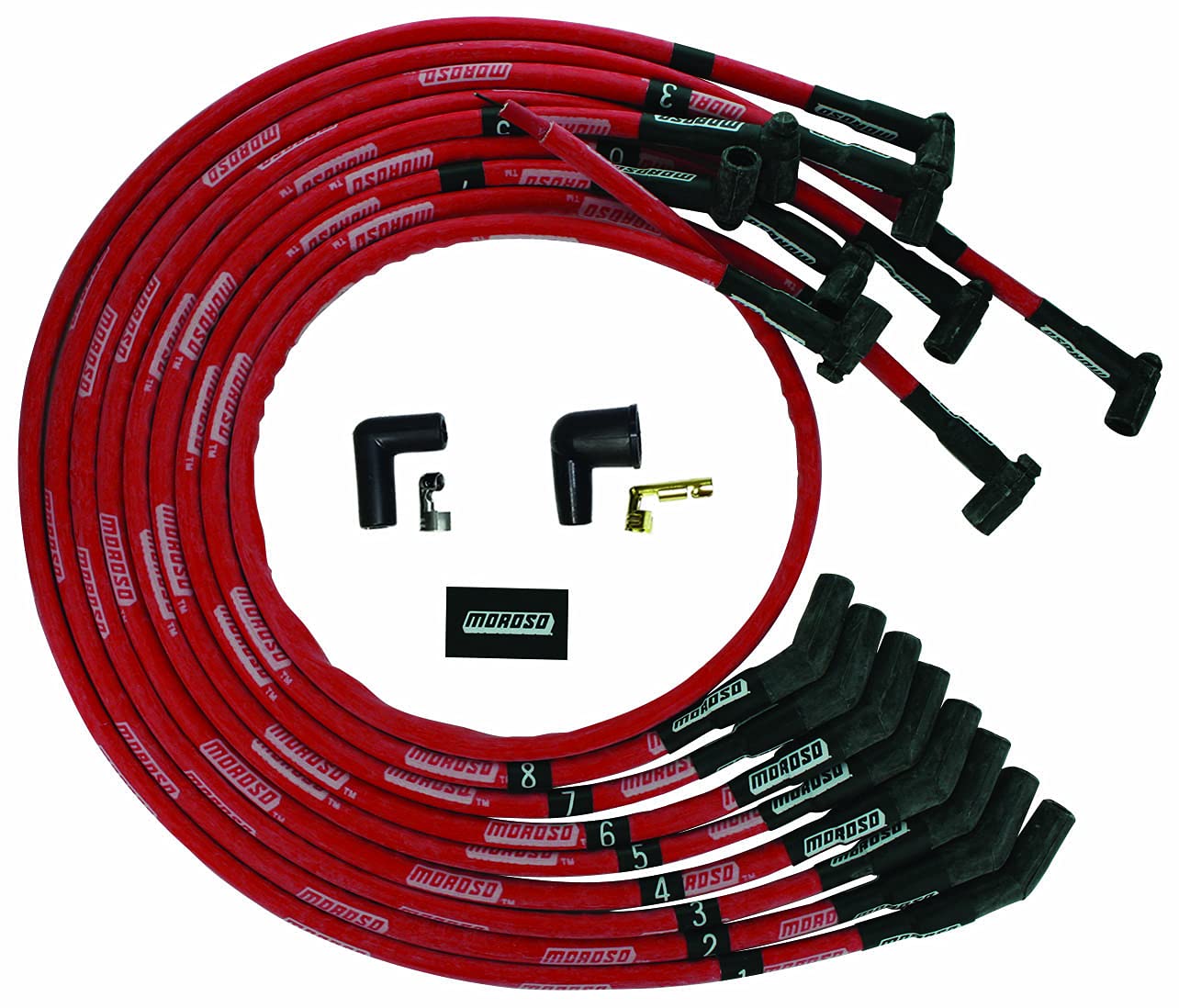 Moroso Ultra Series Red Spark Plug Wires, Big Block Chevy, Routing Under Header, 135 Degree Plug Ends, HEI Distributor