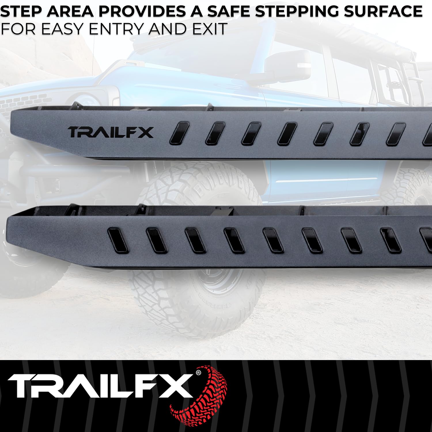 ORB016 TrailFX Running Board, 300 Lbs. Weight Capacity, Bolt On, Frame Body Mount Bolts, Powder Coated, Matte Black, Steel, with Two Step Area Per Bar, Fits 2024-2025 Ford Ranger