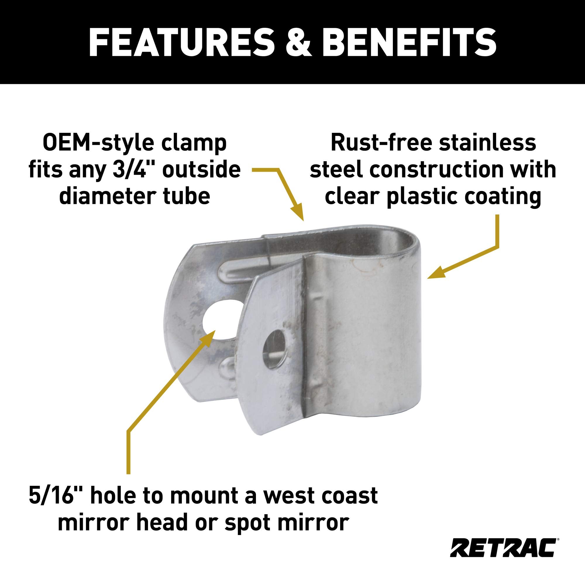 3/4-Inch Retrac Plastic-Coated Stainless Steel Mirror Clamp, 5/16-In Holes