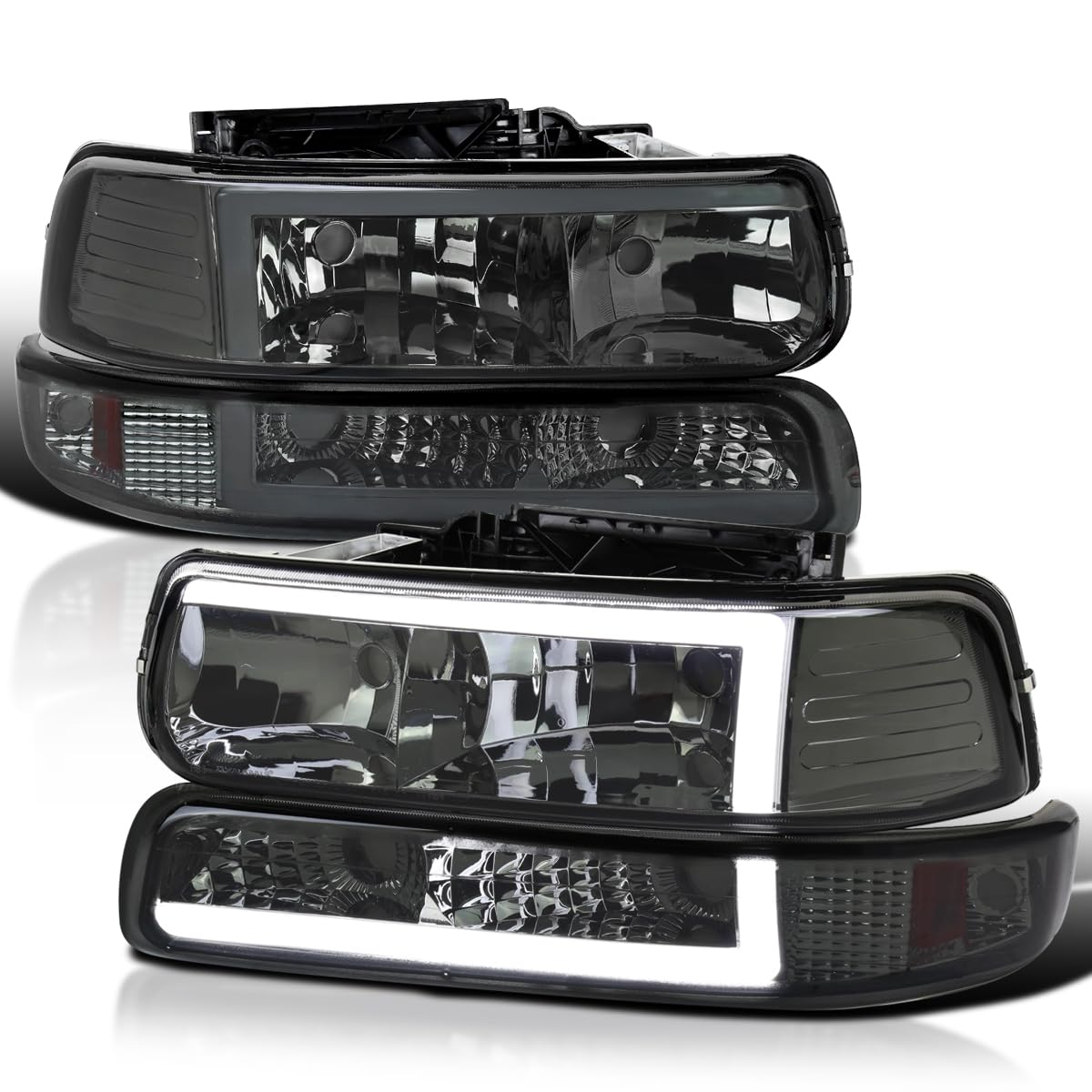 Smoke LED Bar Headlights + Bumper Lights SPEC-D TUNING Compatible with 1999-2002 Chevy Silverado 2000-2006 Tahoe Suburban, Left + Right Pair Headlamps Assembly