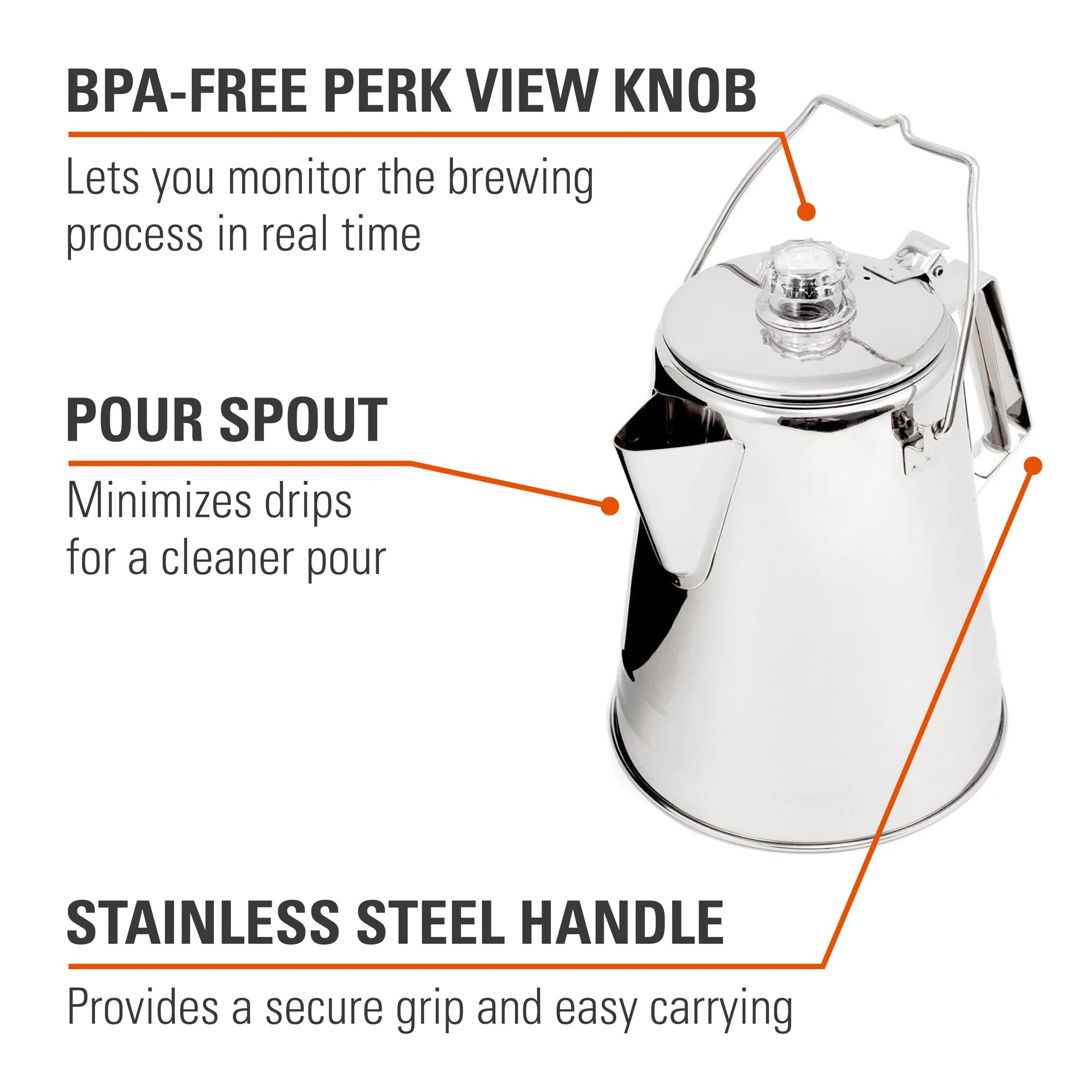 GSI Outdoors Coffee Pot Percolator I Glacier Stainless Steel Ultra-Rugged for Brewing Coffee Over Stove and Fire | Ideal for Group Camping, 8 Cup