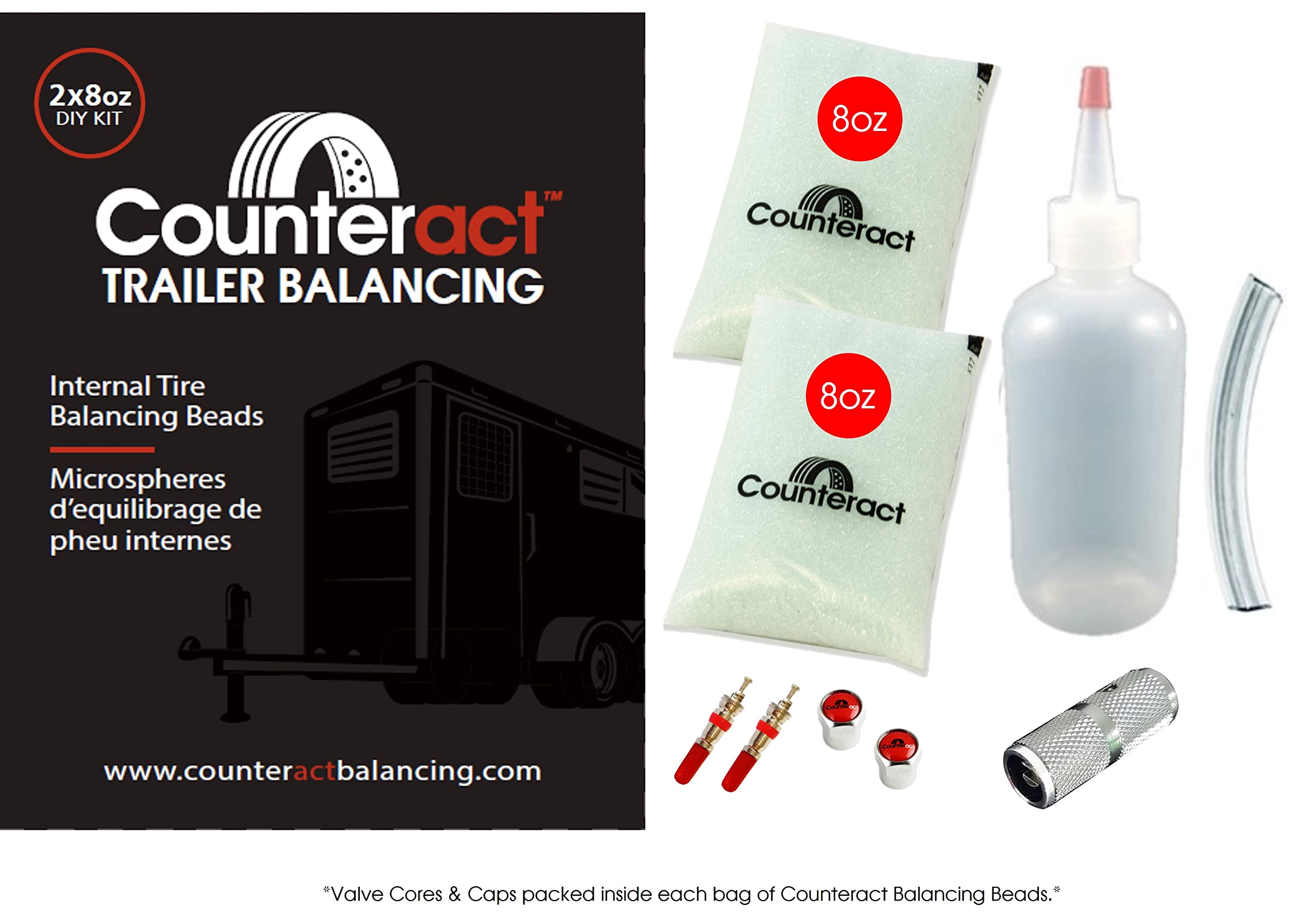 DIY Tire/Wheel Balancing Beads Kit Counteract DIYTK8-2 – for All Trailers, Includes (2) 8oz Bead Bags, (2) Valve Caps & Cores, (1) Core Remover, & Injector Bottle
