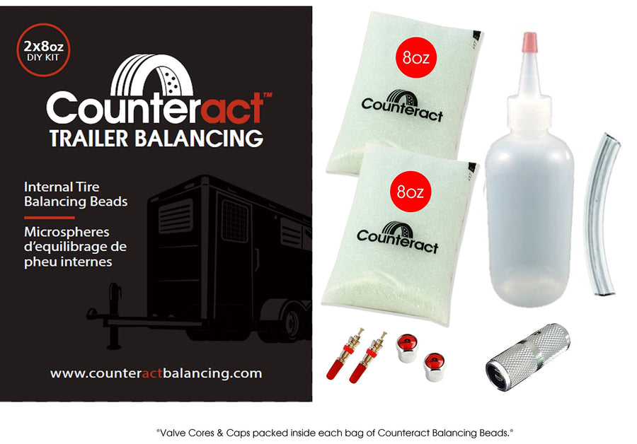 DIY Tire/Wheel Balancing Beads Kit Counteract DIYTK8-2 – for All Trailers, Includes (2) 8oz Bead Bags, (2) Valve Caps & Cores, (1) Core Remover, & Injector Bottle