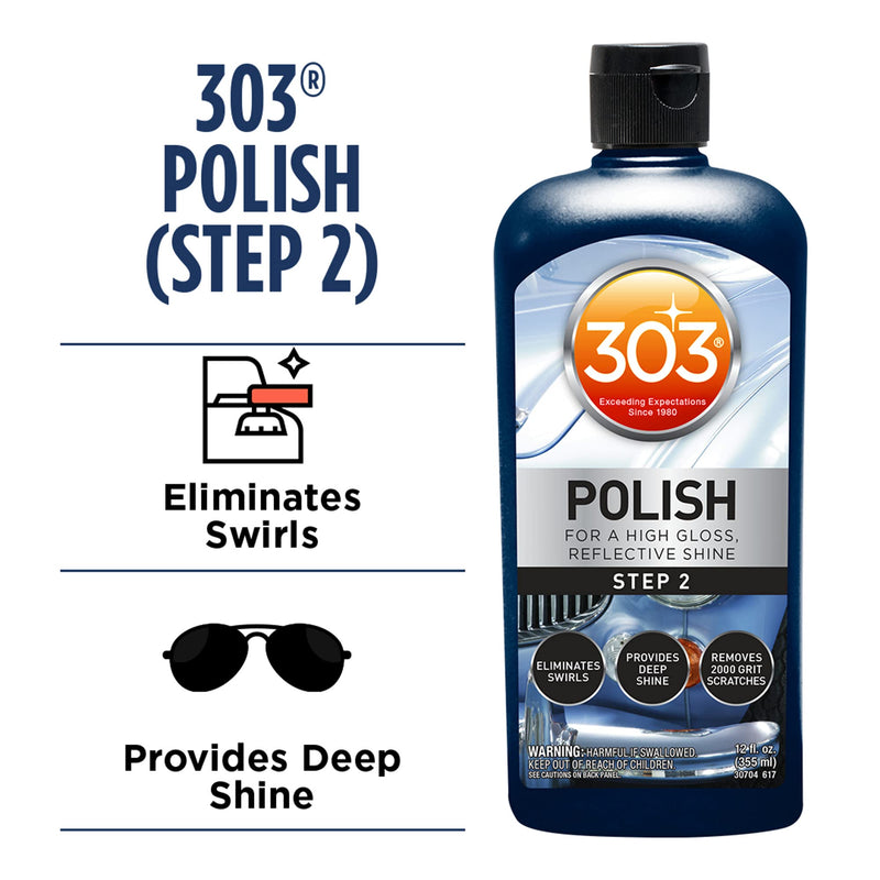 303 Polish - Eliminates Swirls for High Gloss, Reflective Shine - Provides Deep Shine to Paint - Removes 2000 Grit Scratches (Step 2), 12 fl. oz. (30704)