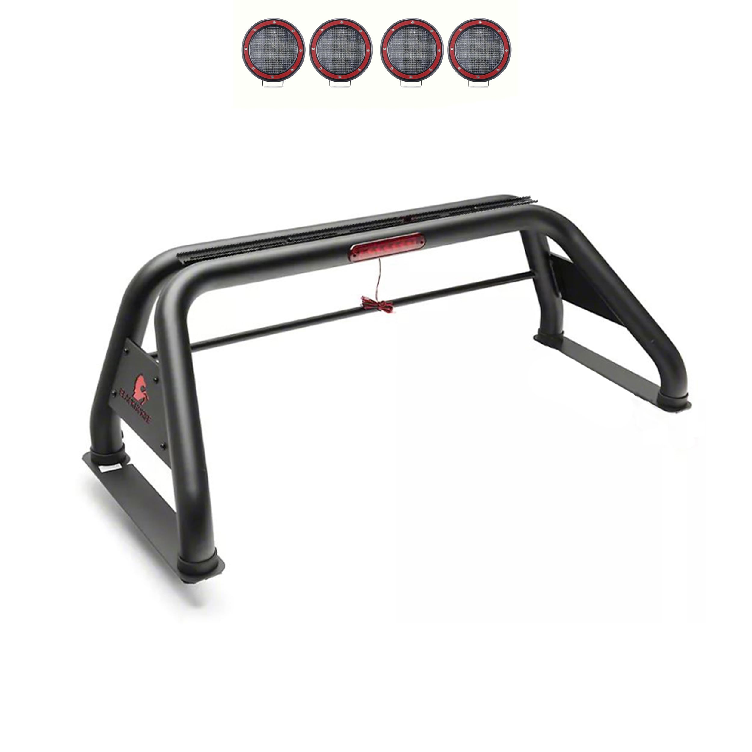 Classic Black Horse Roll Bar Incl. Set of 5.3" Dia.Led Lights w/Red Trim Rings Compatible with 99-22 Ford F-250 Super Duty|99-22 Ford F-350 Super Duty|99-22 Ford F-450 Super Duty-RB015BK-PLFR