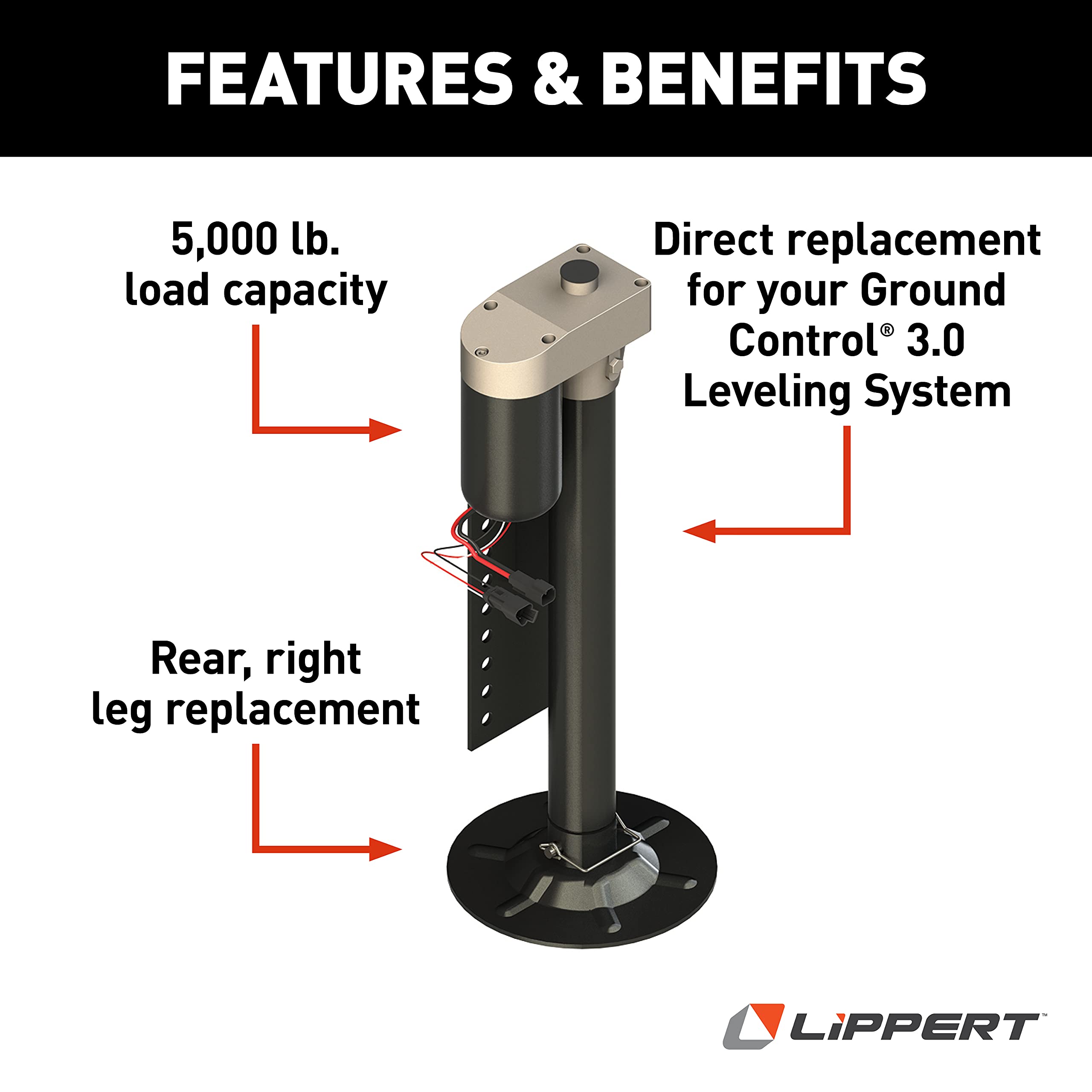 Lippert 3.0 Ground Control Automatic 5th Wheel RV Leveling System Rear Hall Effect Jack for Right Leg Replacement with 5,000-lb. Load Capacity - 344792