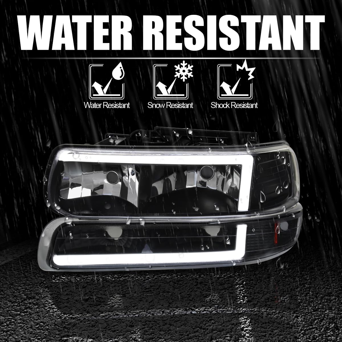 Black LED Bar Headlights + Bumper Lights SPEC-D TUNING Compatible with 1999-2002 Chevy Silverado 2000-2006 Tahoe Suburban, Left + Right Pair Headlamps Assembly