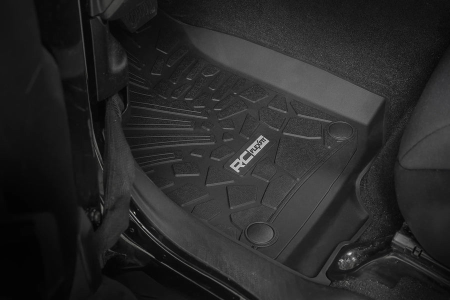 Rough Country Front Flex-Fit Floor Mats for Jeep Wrangler JL Unlimited 4-Door (2018-2025) - Custom All-Weather Non-Slip TPE Liners w/Spill Saver Lip