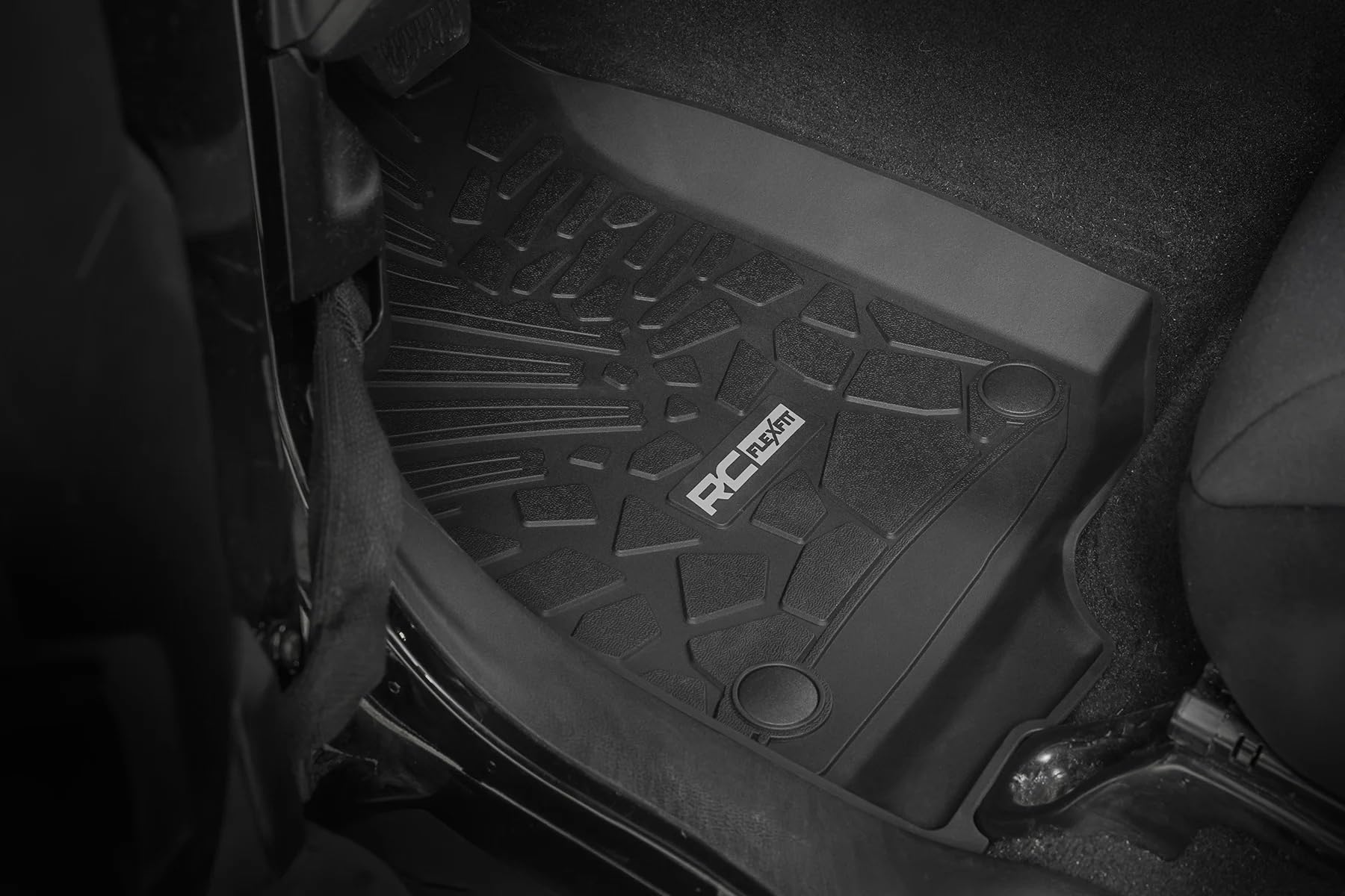 Rough Country Front Flex-Fit Floor Mats for Jeep Wrangler JL Unlimited 4-Door (2018-2025) - Custom All-Weather Non-Slip TPE Liners w/Spill Saver Lip