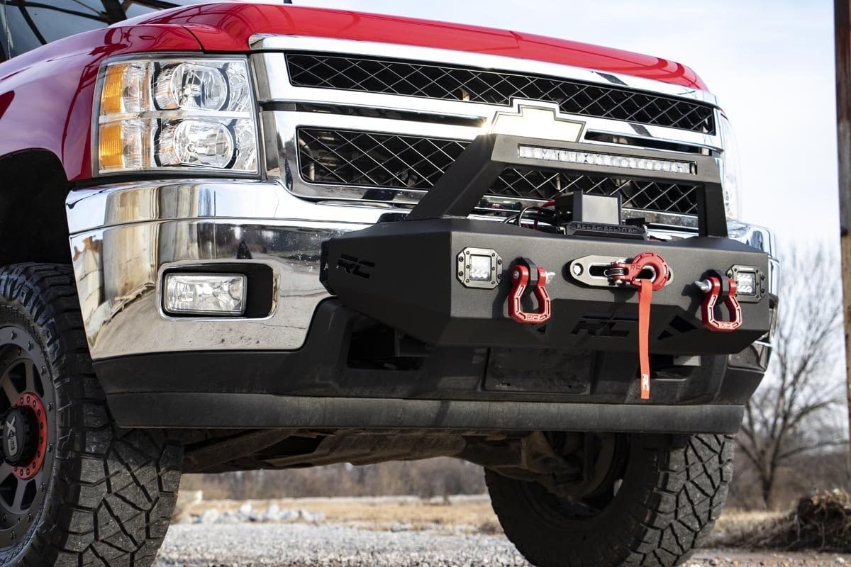 Rough Country Winch Mount System EXO for Chevy Silverado 2500HD/3500HD (2011-2019) - Includes 20-in LED Light Bar, Dual 2-in LED Cubes, D-Rings