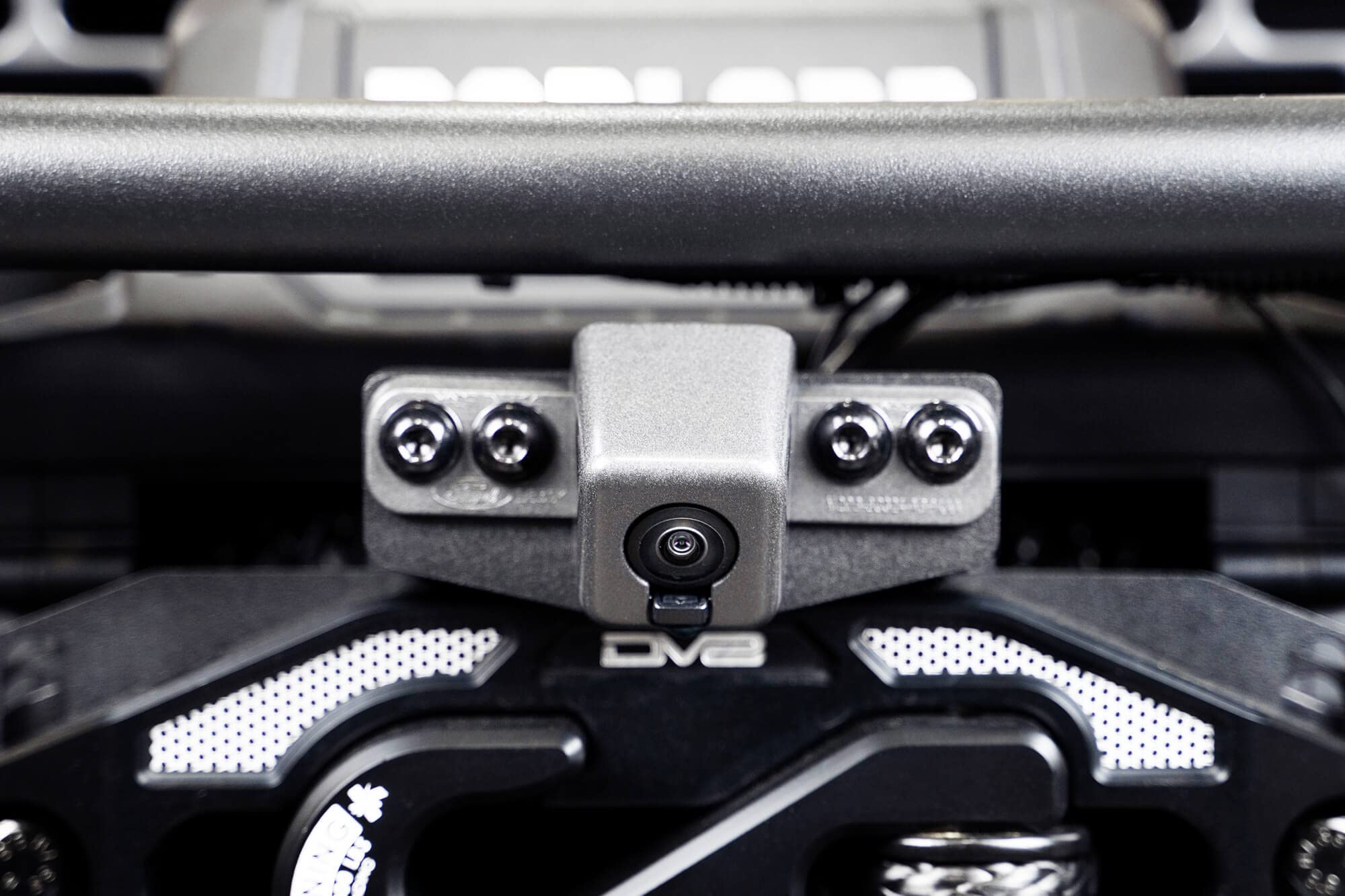 Front Camera Relocation Bracket DV8 Offroad for 2021-2025 Ford Bronco | Corrects 360 View with Winch Bumper | Includes Extended Camera Optical Cable & Spray Hose | Adjustable for Different Setups