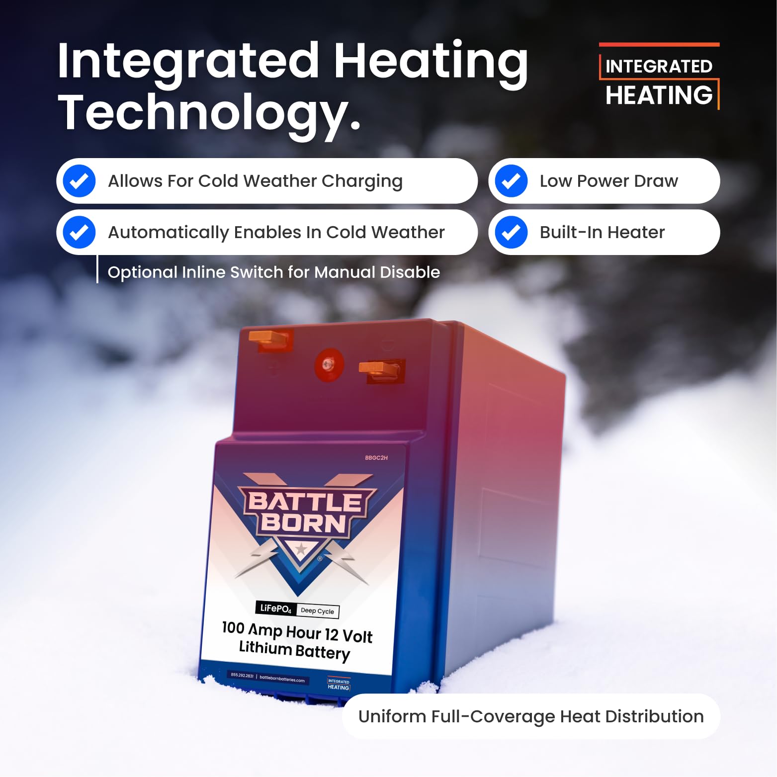 12V 100Ah GC2 Heated Lithium-Ion (LiFePO4) RV, Marine, Solar, & Off Grid Battery - Integrated Heating Technology - Internal BMS, High & Low Temperature Protection - Battle Born Batteries