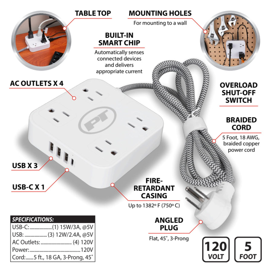 8-in-1 Performance Tool W2266 Power Strip with 4 Outlets, 3 USB and 1 USB-C Ports, Smart Chip, Fire-Retardant Casing, and Mounting Holes