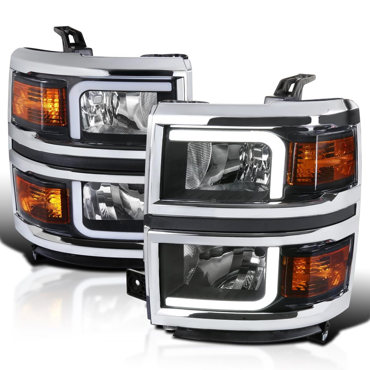 Black SPEC-D TUNING Headlights w/LED Light Bar and Silver Trim Compatible with 2014-2015 Chevy Silverado 1500, Left + Right Pair Headlamp Assembly