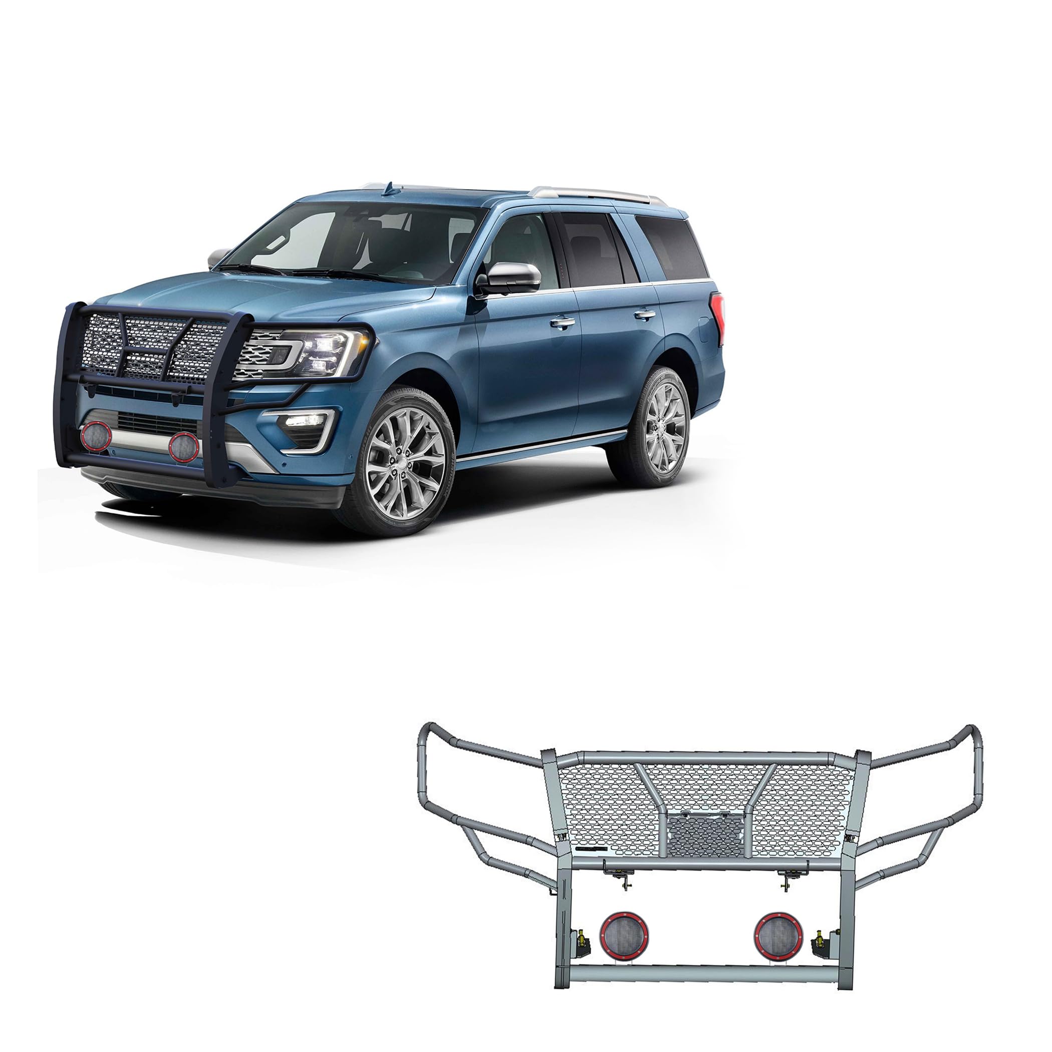 Heavy Duty Black Horse Rugged Grille Brush Bumper Guard Modular Black Come with Pair of 5.3" Dia.LED Lights with Red Trim Rings Compatible with 2018-2024 Ford Expedition-RU-FOEX18-B-PLFR
