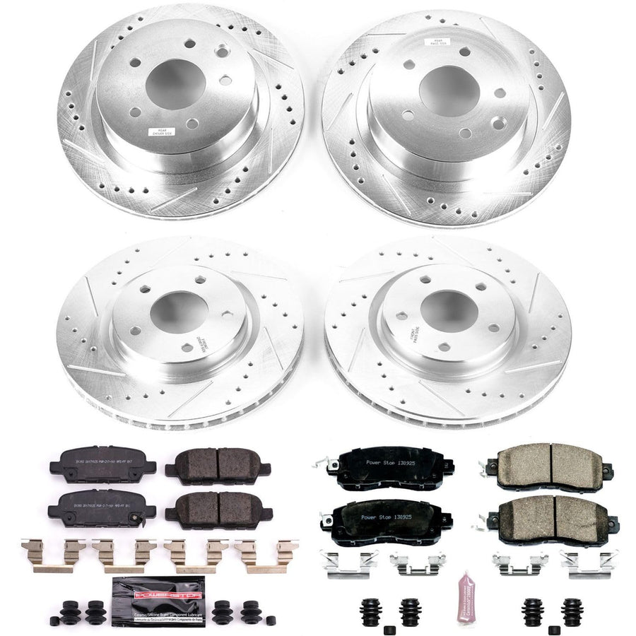 Power Stop K8288 Z23 Carbon Fiber Brake Pads Front and Rear with Drilled & Slotted Brake Rotors Kit For Nissan LEAF 2014-2017 [Vehicle Specific]