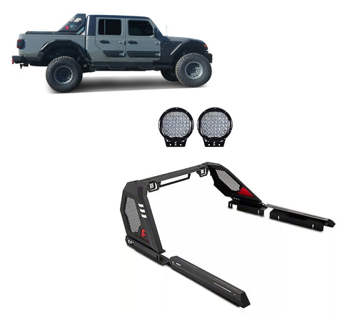 Vigor Black Horse Roll Bar Incl.Set of 9" Black Round Led Light Modular Black Compatible with Jeep Gladiator 2020-2024-VIRB09B-PL69B