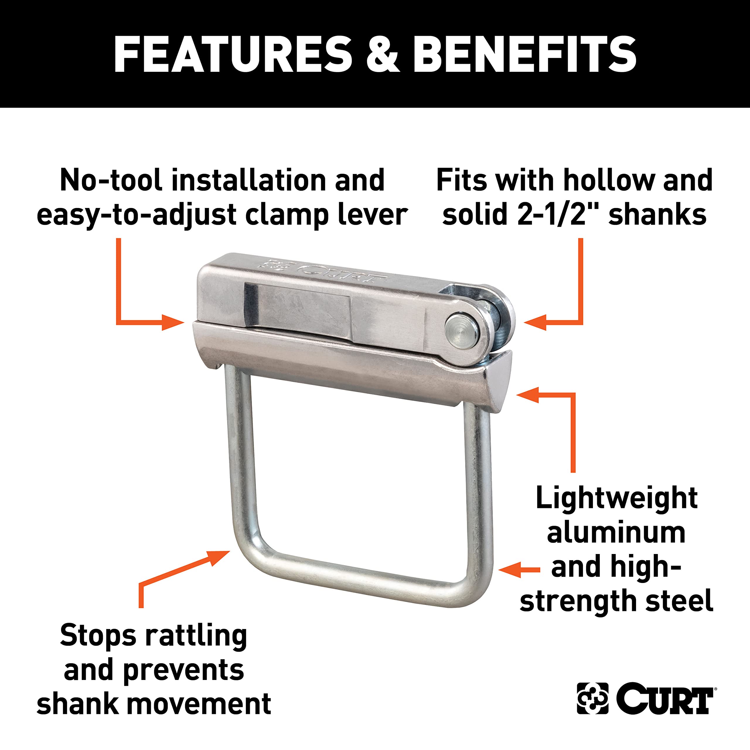 No-Tool CURT Anti-Rattle Hitch Clamp Tightener for 2-1/2-Inch Receiver, Hollow or Solid Shanks