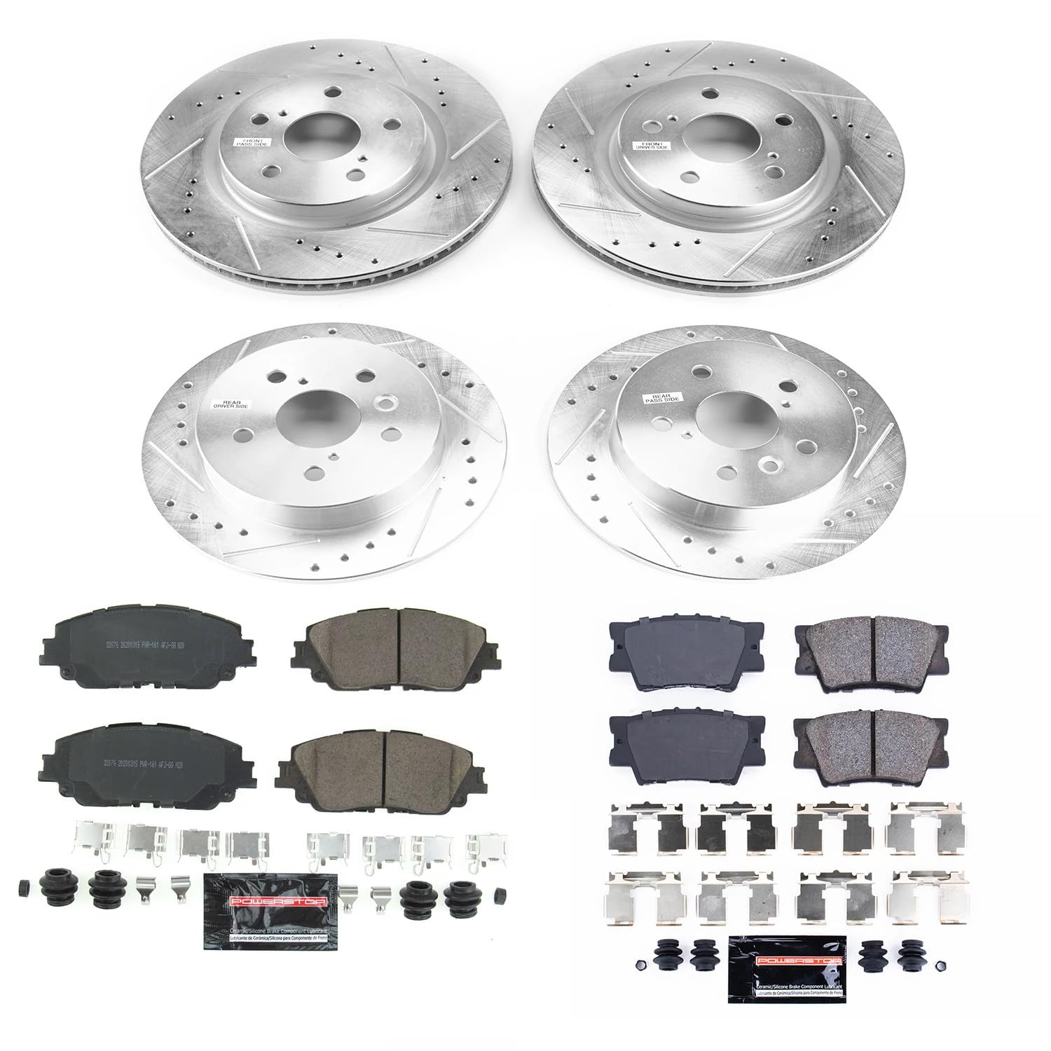 Power Stop K7931 Z23 Carbon Fiber Brake Pads Front and Rear with Drilled and Slotted Brake Rotors Kit For 2018 2019 2020 Toyota Camry L, LE, SE | 2021 2022 Camry LE SE SE Nightshade