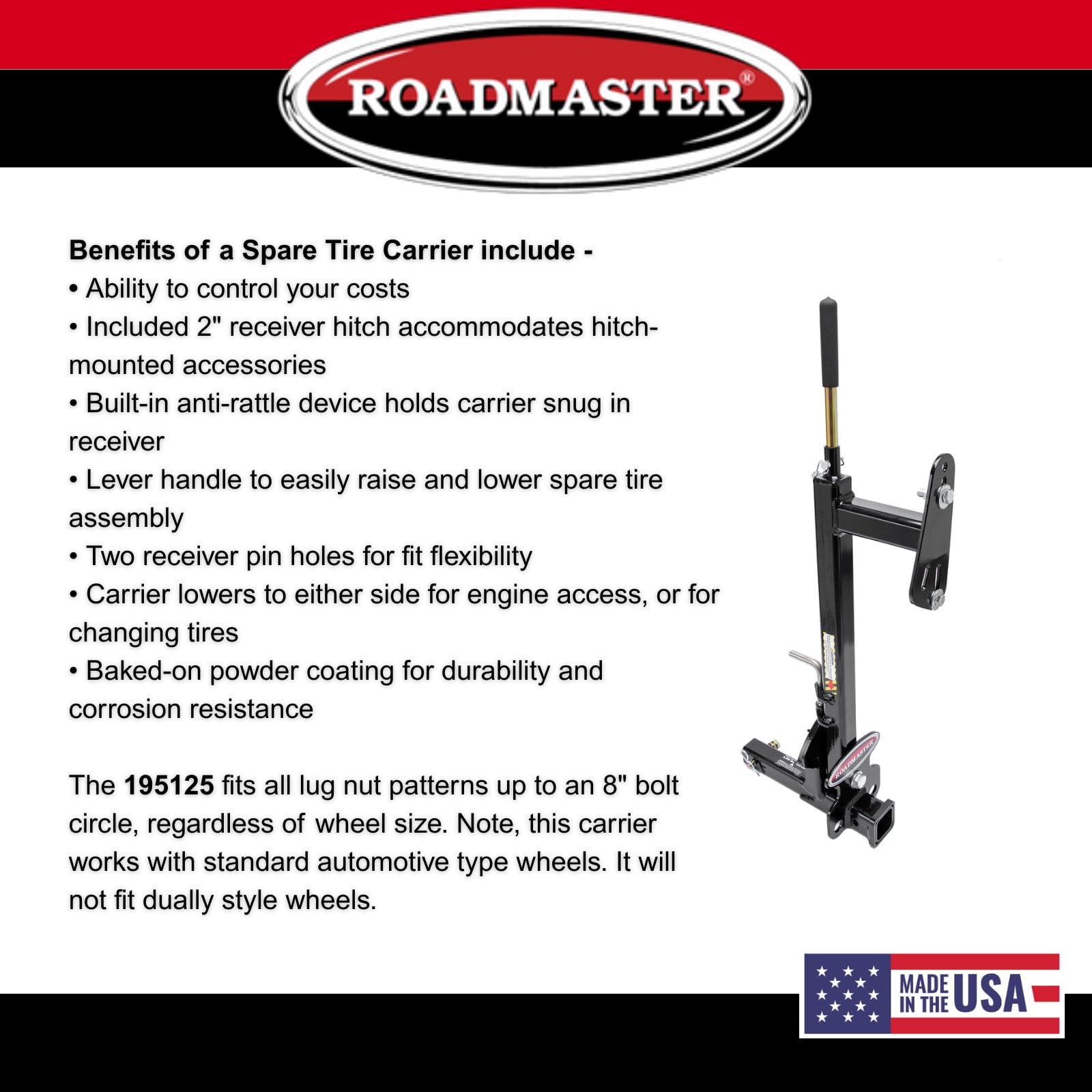 Roadmaster Spare Tire Carrier 195125 with 2" Drop fits Truck/Van/SUV 2" Receiver | Fits Wheels with a Lug Nut Bolt Circle Up to 8" | 6,000 lbs Maximum Capacity