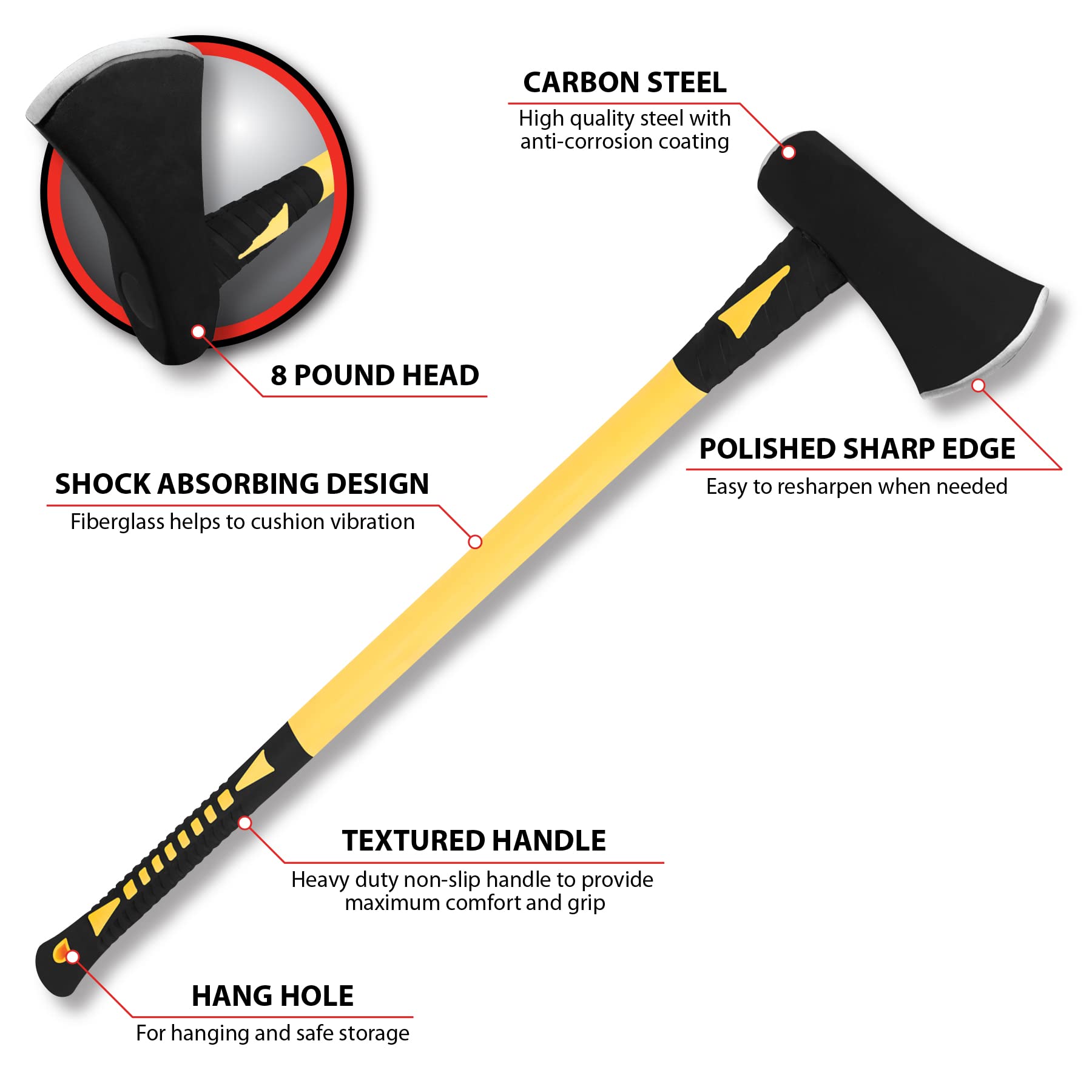 M7111 Performance Tool 8-Pound Splitting Maul with Fiberglass Handle, Black/Yellow