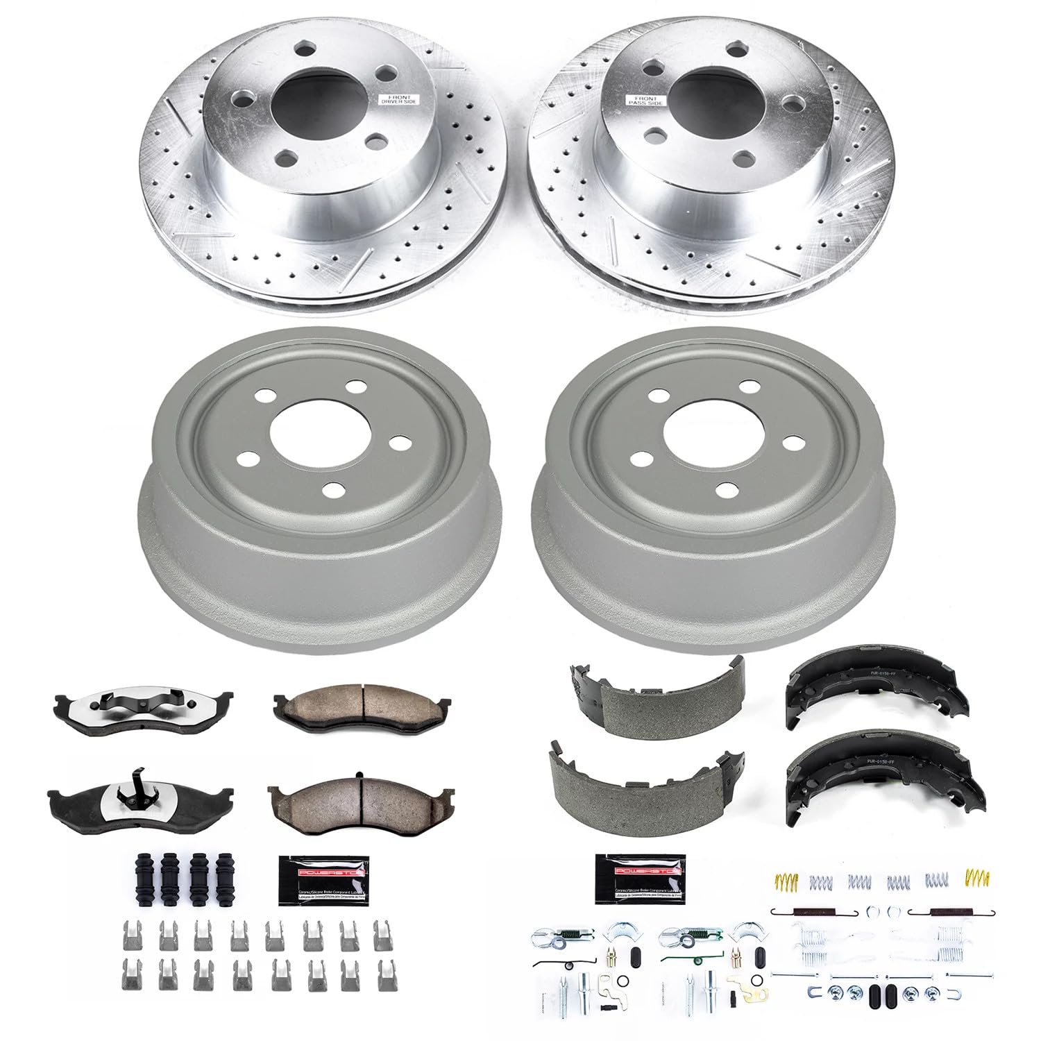 Power Stop Brake Kit Front and Rear For 1999 2000 2001 Jeep Cherokee 1999 2000 Jeep Wrangler - Truck & Tow Carbon Fiber Ceramic Pads, Drums, & Drilled and Slotted Rotors Replacement, K15075DK-36