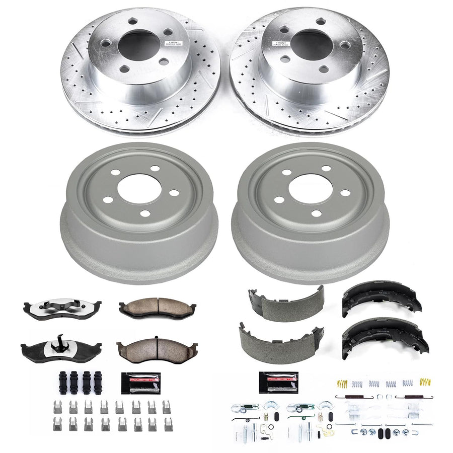Power Stop Brake Kit Front and Rear For 1999 2000 2001 Jeep Cherokee 1999 2000 Jeep Wrangler - Truck & Tow Carbon Fiber Ceramic Pads, Drums, & Drilled and Slotted Rotors Replacement, K15075DK-36