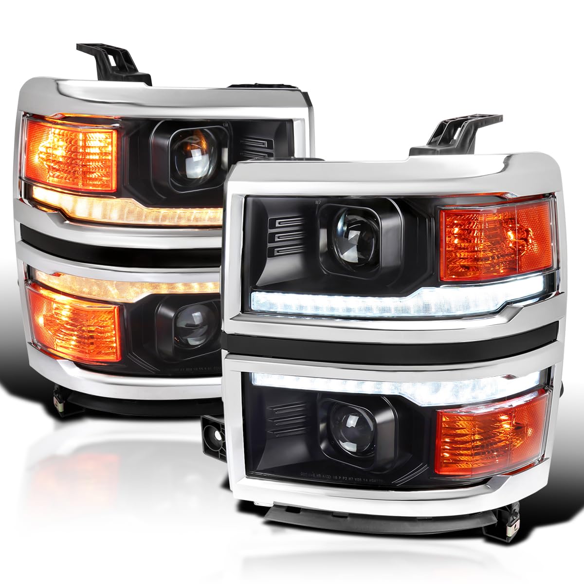 Black w/Silver Trim SPEC-D TUNING Projector Headlights w/Sequential Switchback LED Strip and Startup Animation Compatible with 2014-2015 Chevy Silverado 1500, Left + Right Pair Headlamps Assembly