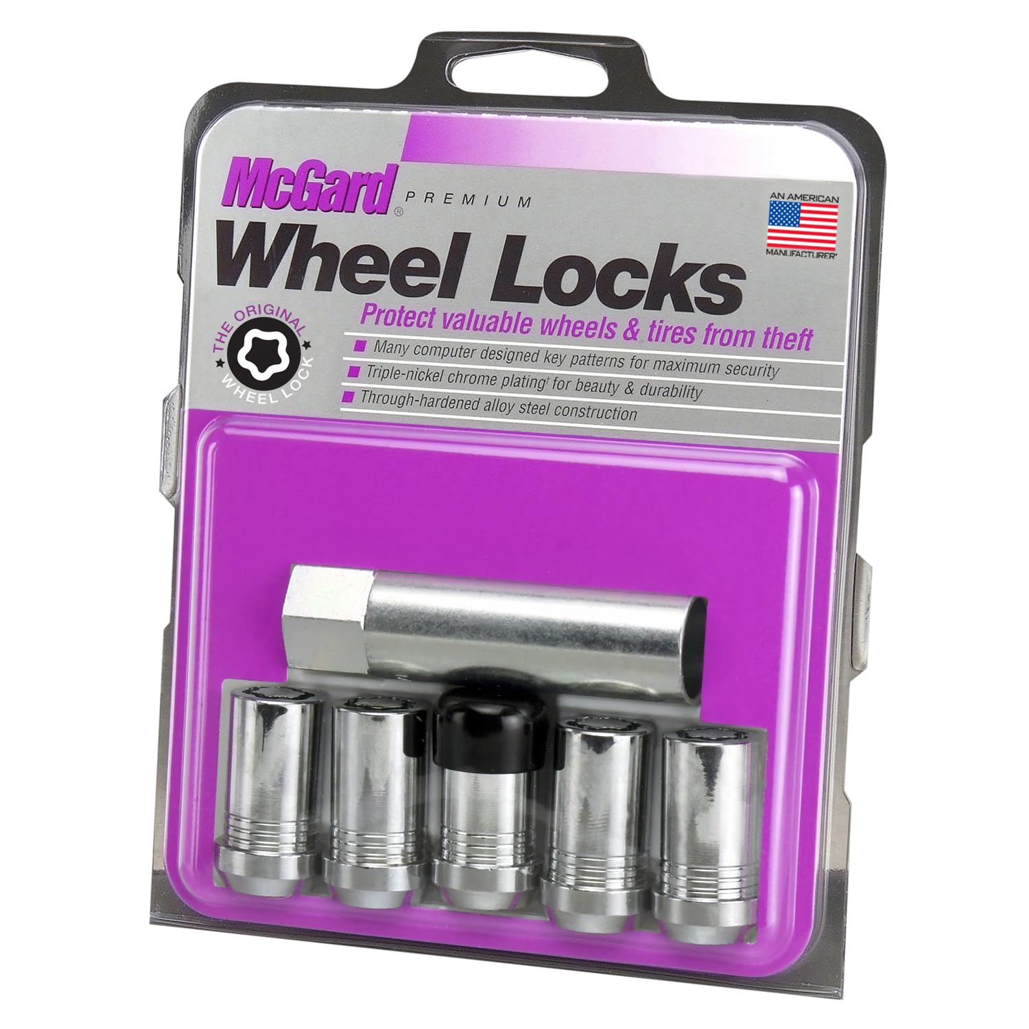 Chrome Tuner Style McGard 25515 Cone Seat Wheel Lock Set (M14 x 1.5 Thread Size) - Set of 5 Locks and 1 Key