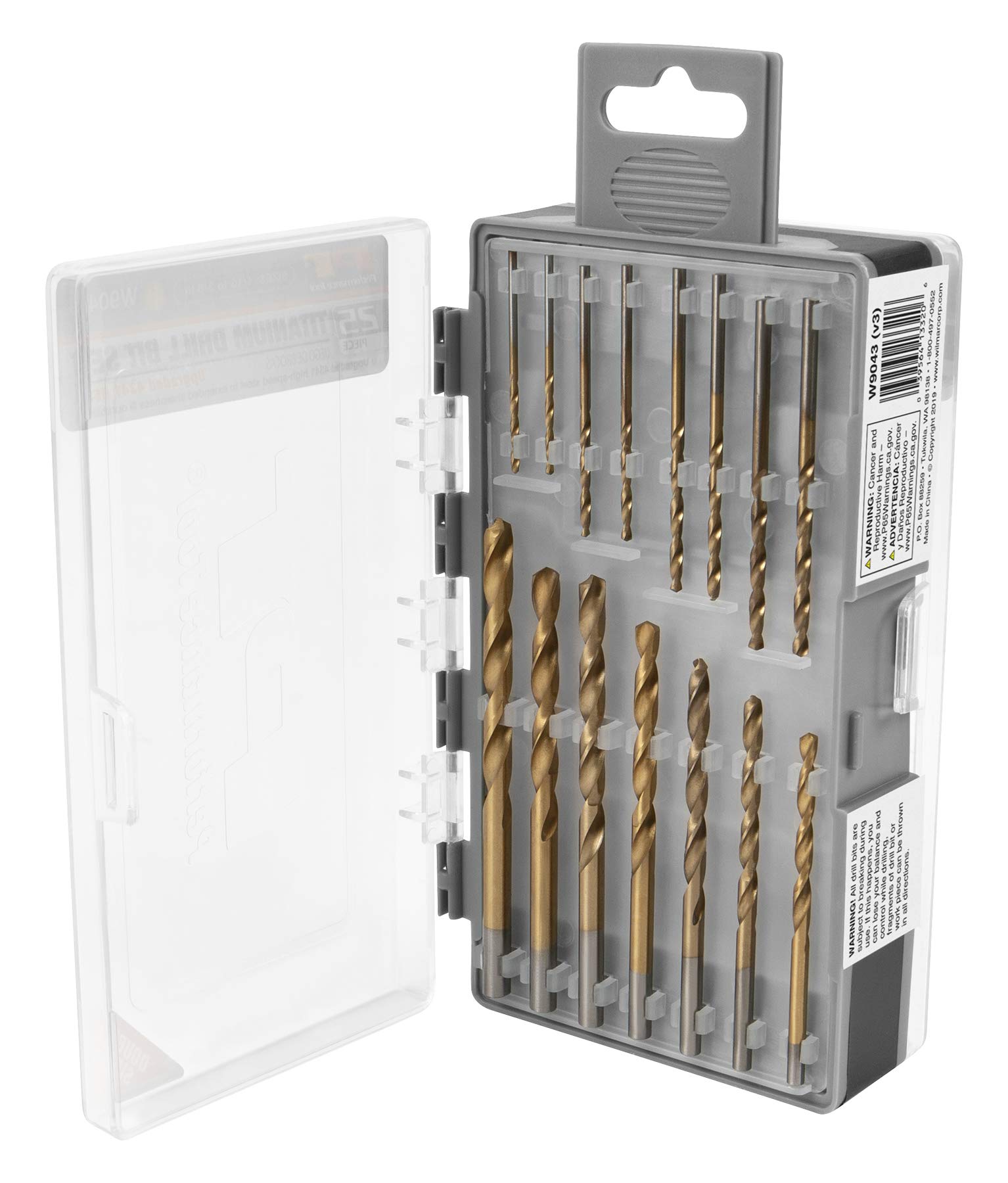 25 Piece Performance Tool W9043 Titanium-Nitride Coated Drill Bit Set with 4341 High-Speed Steel and Clear Case
