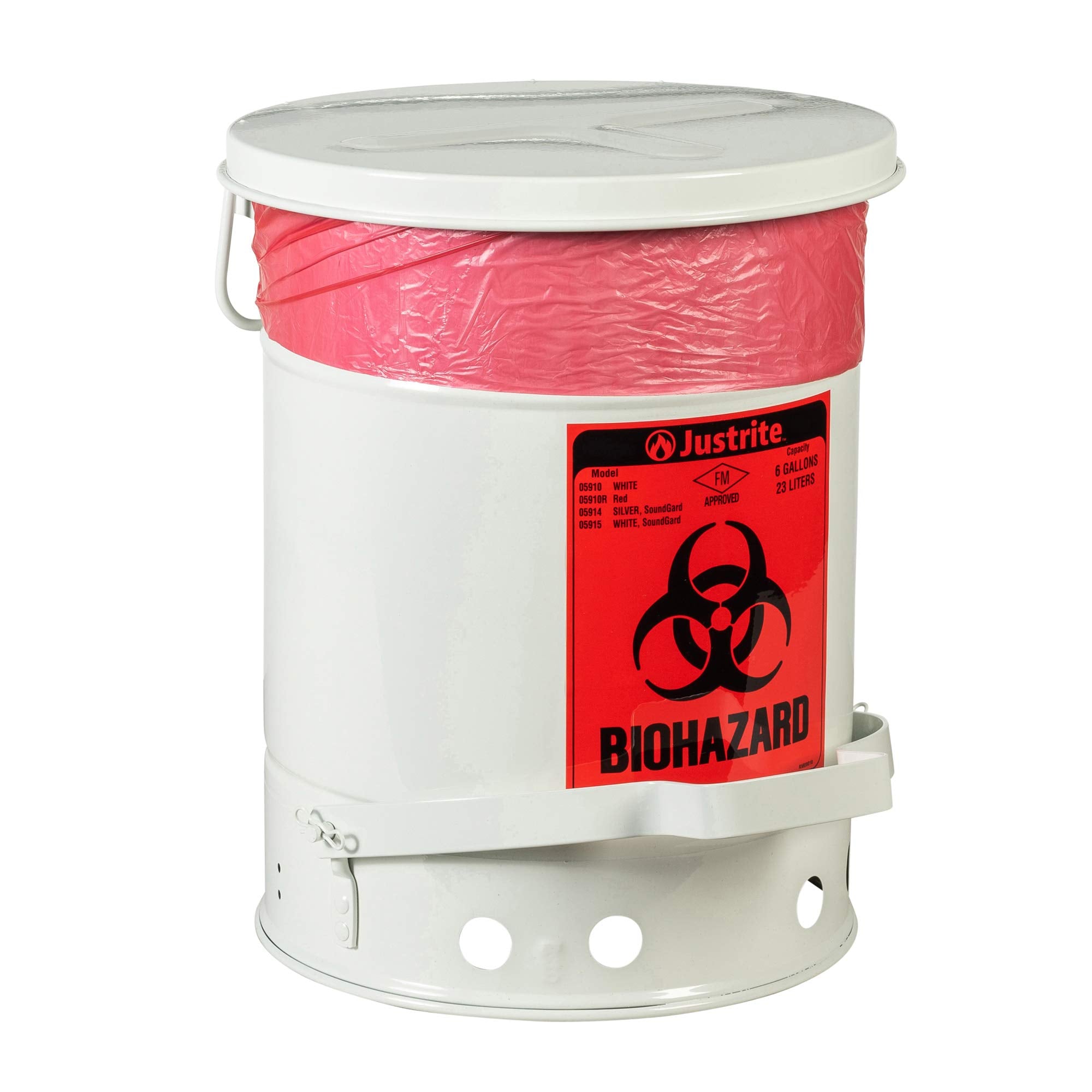 SoundGuard Justrite 05915 Steel Biohazard Waste Container with Foot Operated Cover, 6 Gallon Capacity, 11-7/8" OD x 15-7/8" Height, White