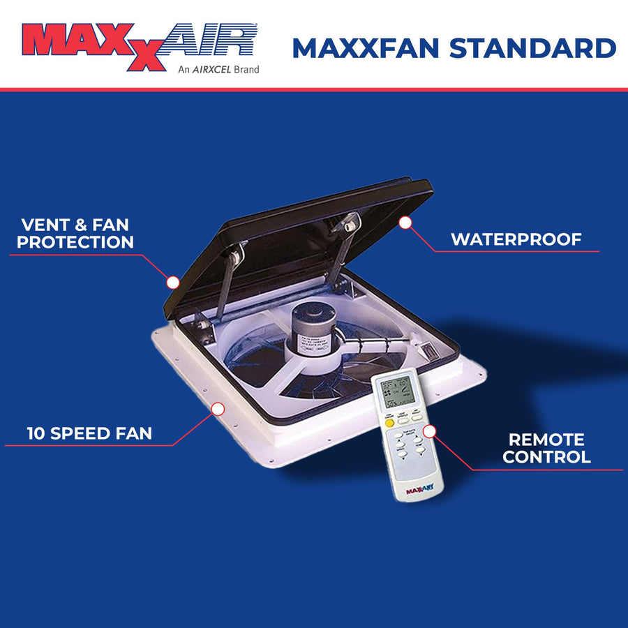 Maxxfan Plus MAXXAIR High Powered 10-Speed RV Intake and Exhaust Fan - Manual or Remote Control Electric Opening, Easy Ceiling Controls, Rain Sensor with Automatic Lid Closure, Smoke (00-04500K)