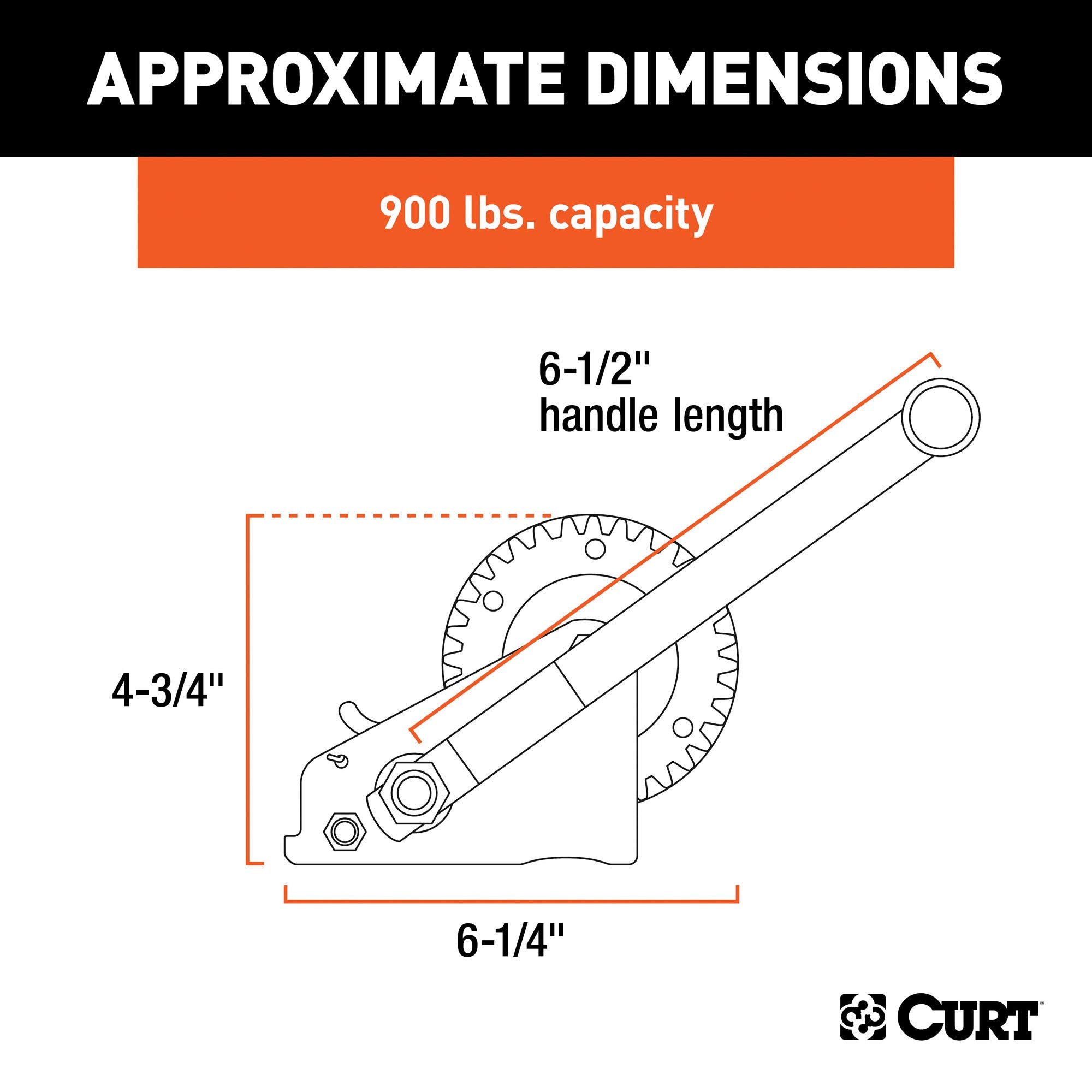 CURT Manual Hand Crank Boat Trailer Winch, 900 lbs Capacity, 6-1/2-Inch Handle, 3.25:1 Gear Ratio, CLEAR ZINC